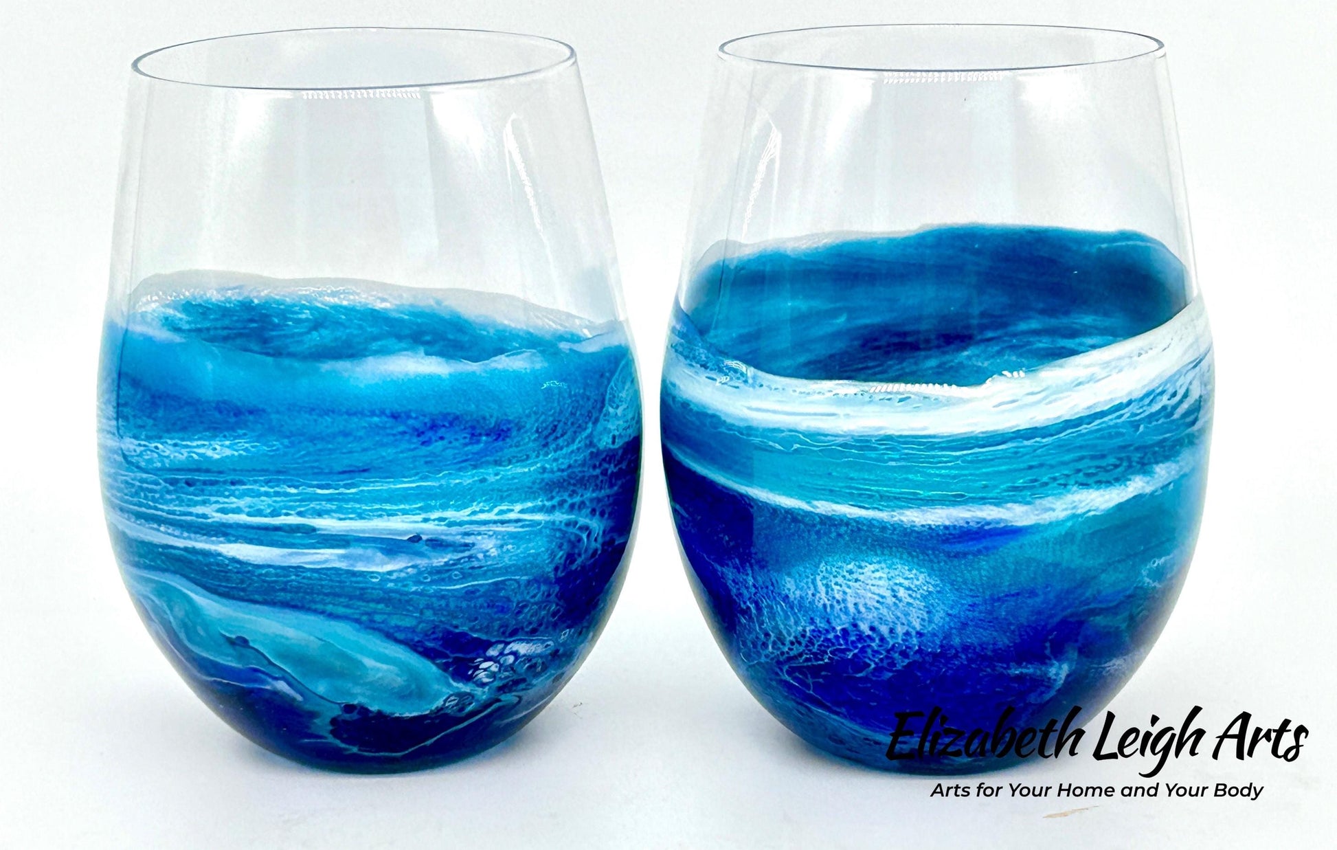 Blue and Turquoise Wave Beach Themed Stemless Wine Glasses, Cocktail Glasses, Beach Decor, Set of Two Glasses, Luxury Wedding Gift