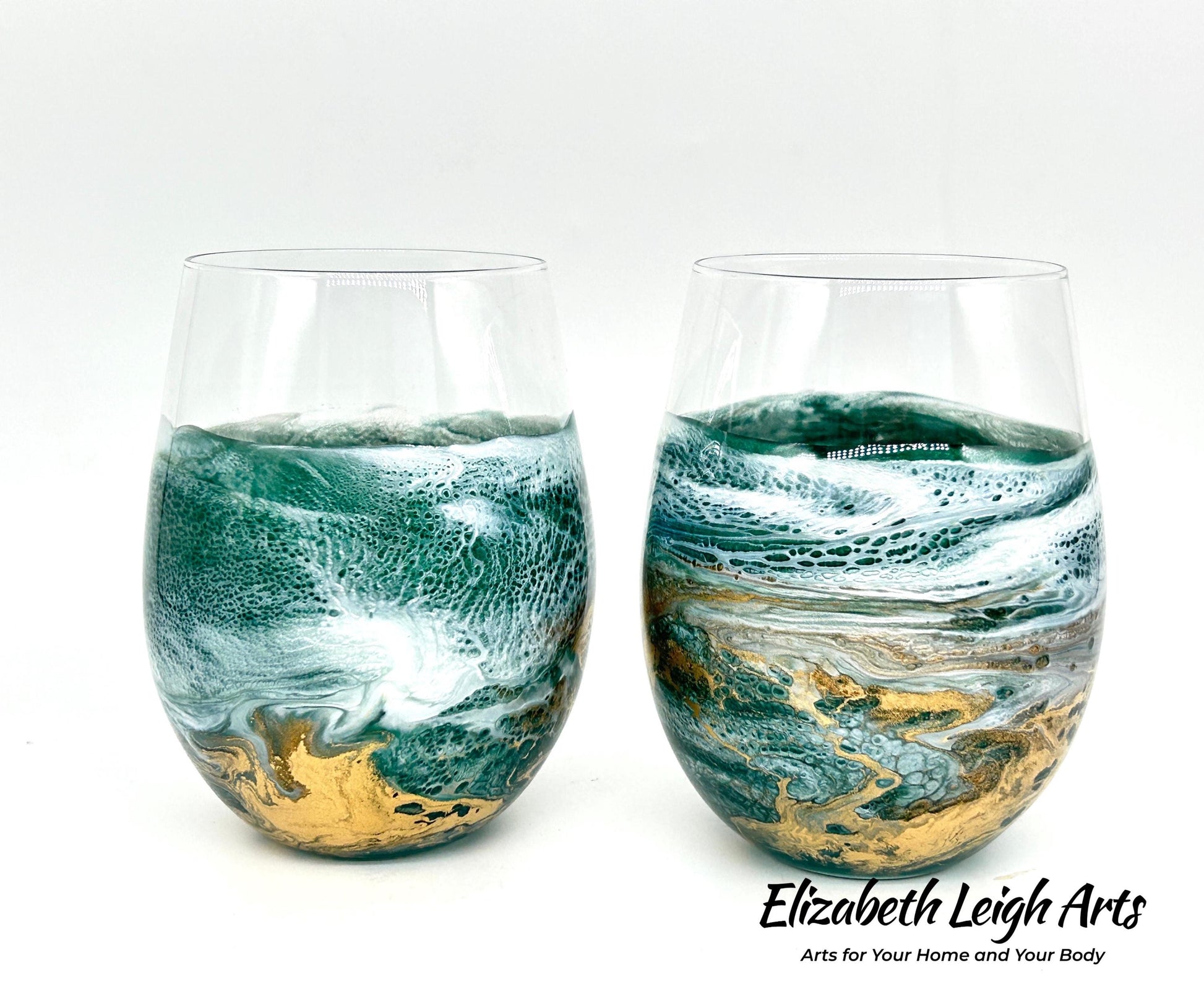 Green and Gold Waves Resin Art Stemless Wine Glass Set of Two Customize 20 Ounce