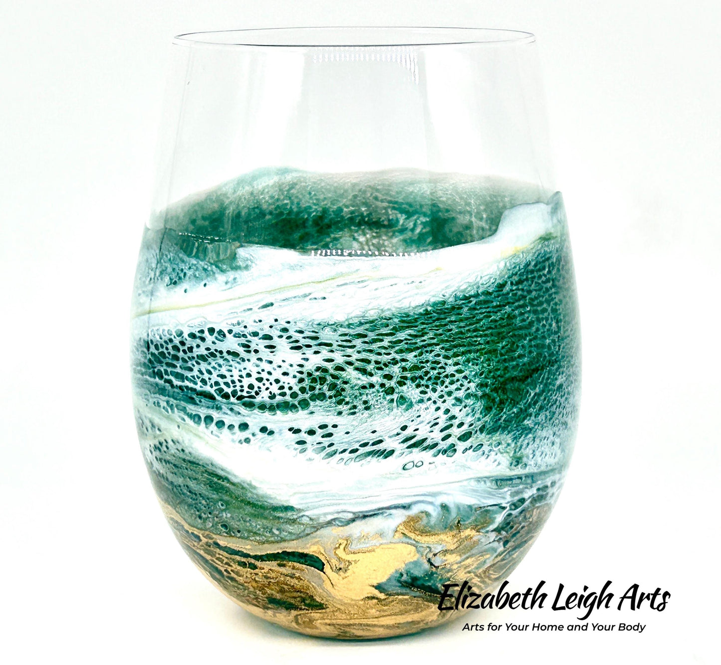 Green and Gold Waves Resin Art Stemless Wine Glass Set of Two Customize 20 Ounce