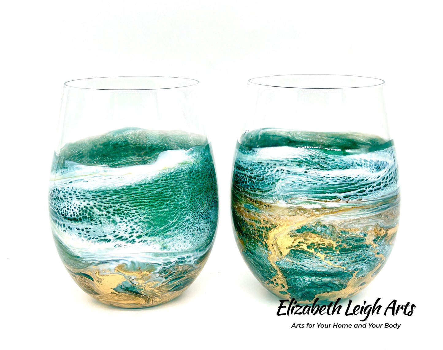 Green and Gold Waves Resin Art Stemless Wine Glass Set of Two Customize 20 Ounce