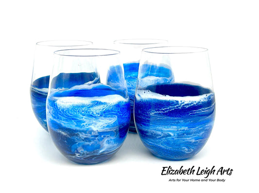 Blue Beach Stemless Wine Glasses, Cocktail Glasses, Beach Decor, Custom Wine Glasses, Luxury Wedding Gift, Blue Glasses