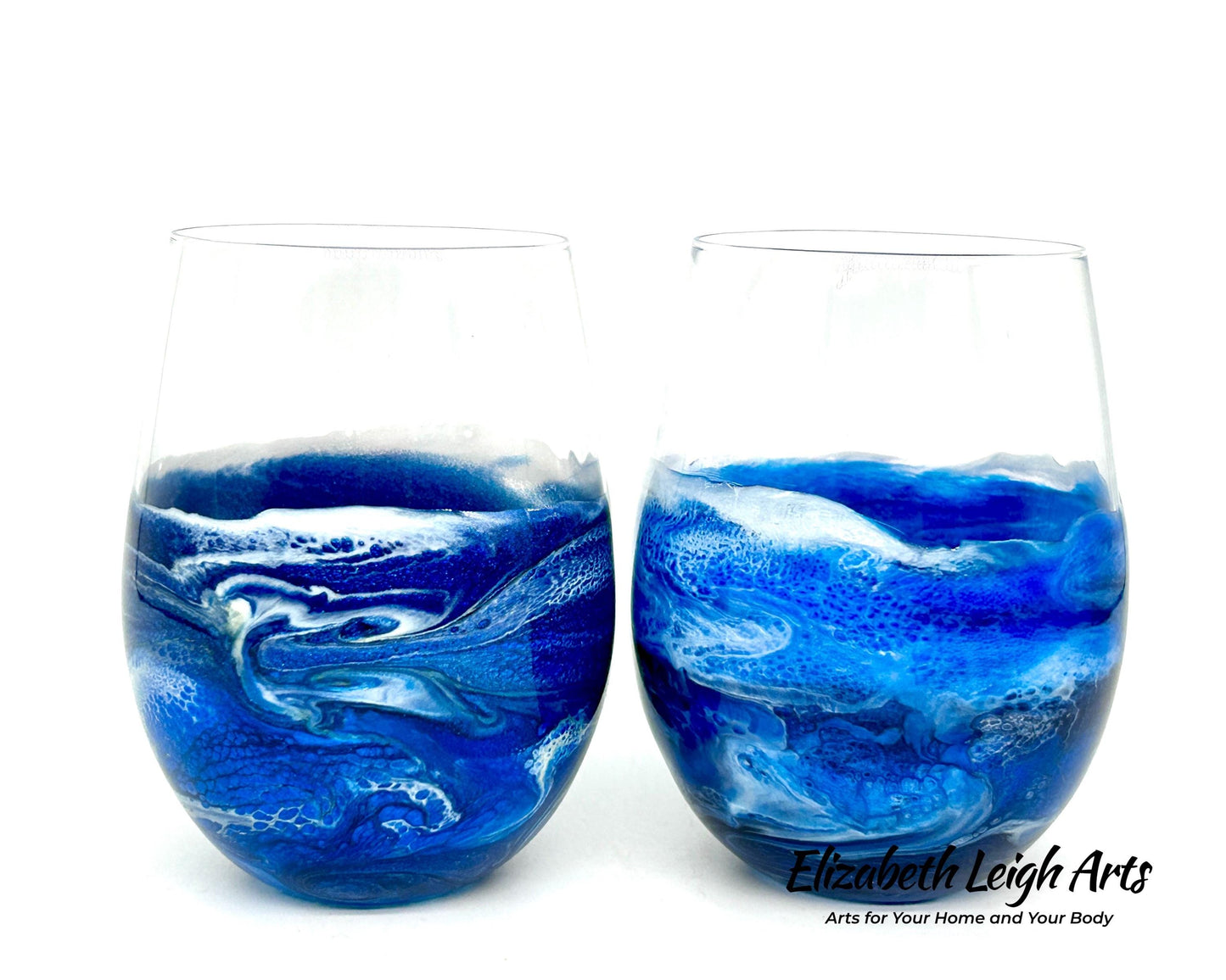 Blue Beach Stemless Wine Glasses, Cocktail Glasses, Beach Decor, Custom Wine Glasses, Luxury Wedding Gift, Blue Glasses