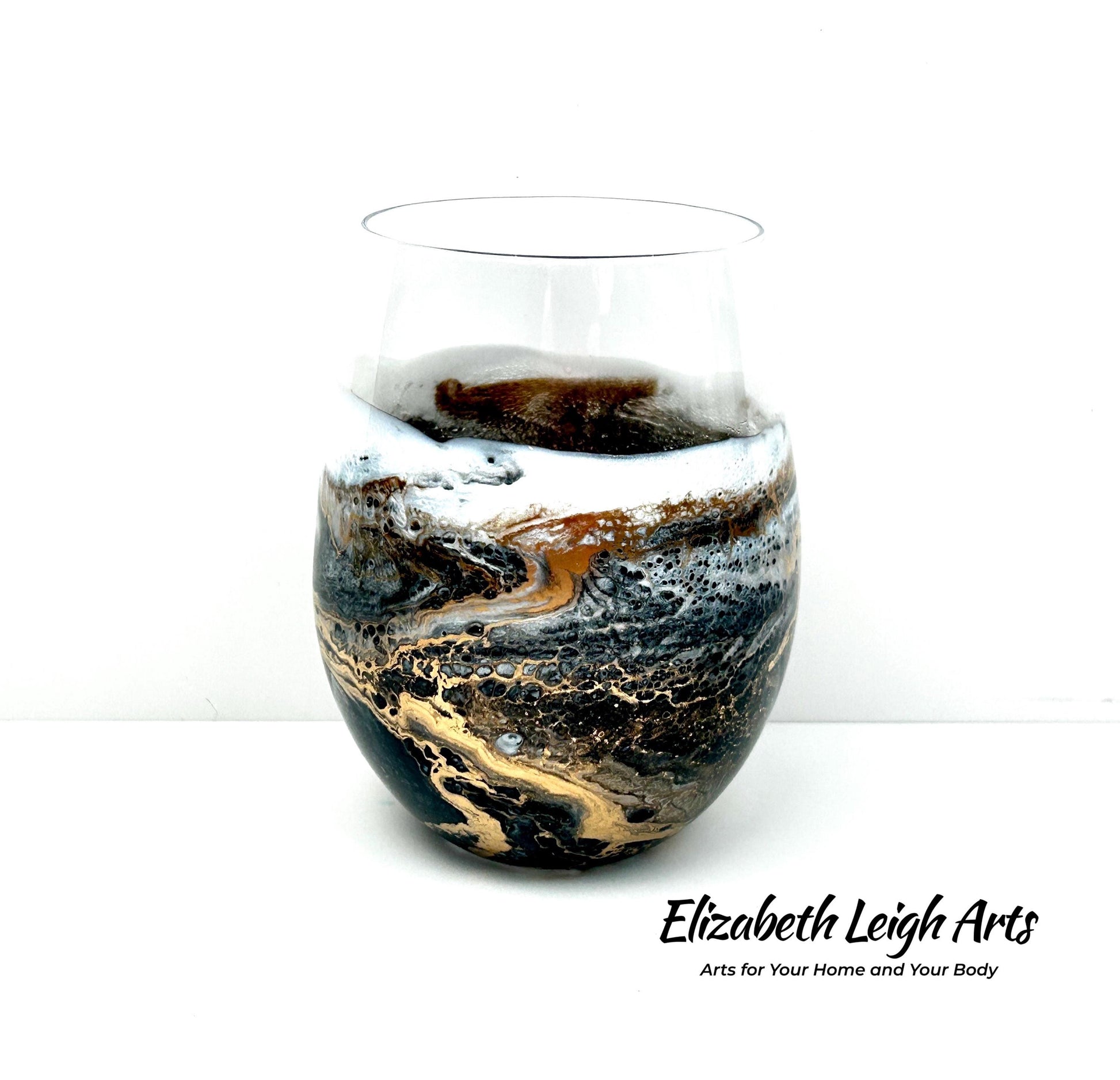 Black, White and Gold Waves Resin Art Stemless Wine Glass Set of Two Customize 20 Ounce
