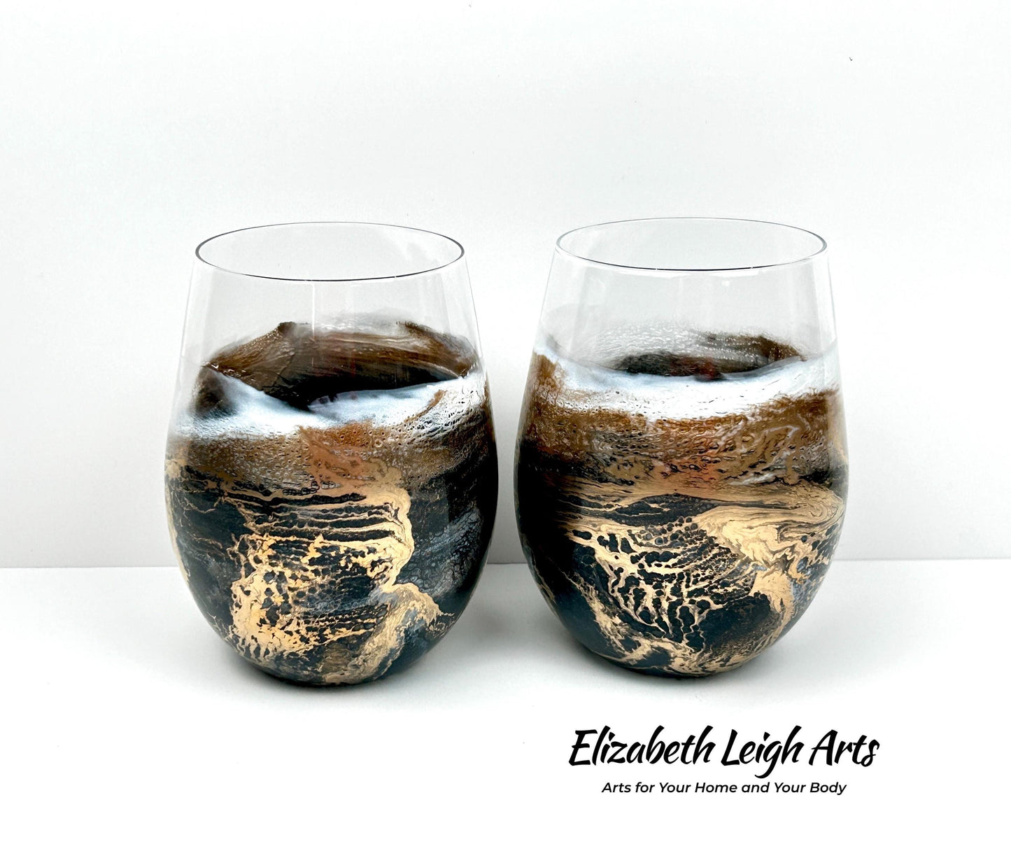 Black, White and Gold Waves Resin Art Stemless Wine Glass Set of Two Customize 20 Ounce