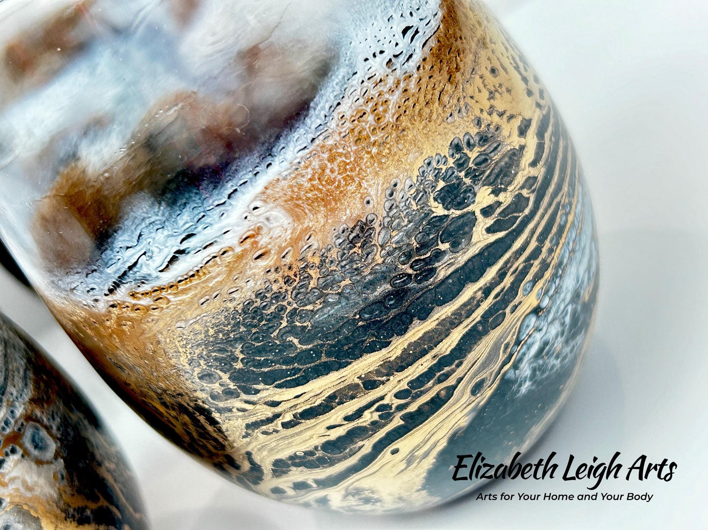 Black, White and Gold Waves Resin Art Stemless Wine Glass Set of Two Customize 20 Ounce