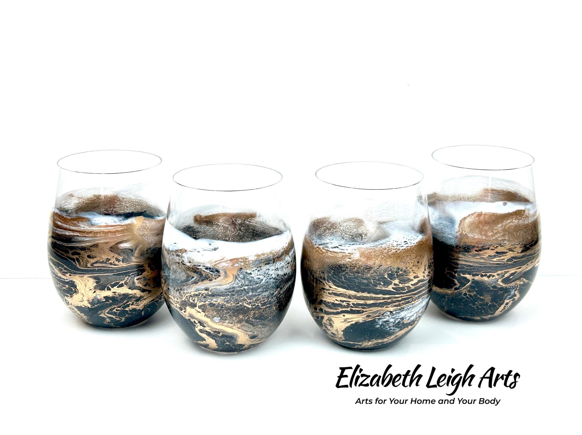 Black, White and Gold Waves Resin Art Stemless Wine Glass Set of Two Customize 20 Ounce