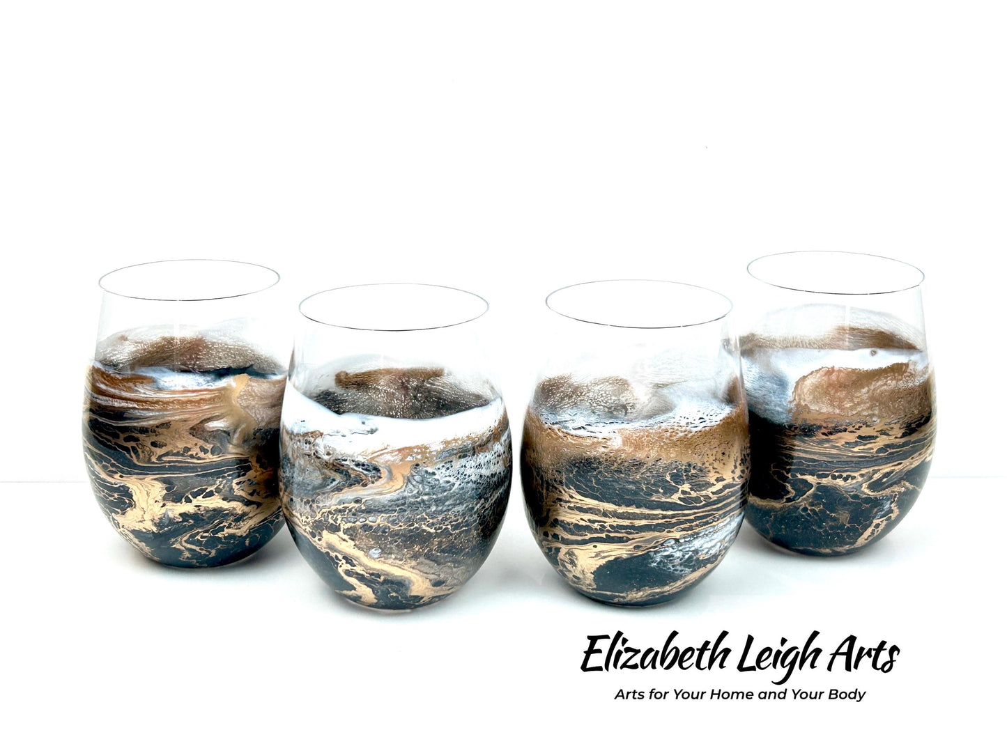 Black, White and Gold Waves Resin Art Stemless Wine Glass Set of Two Customize 18 Ounce