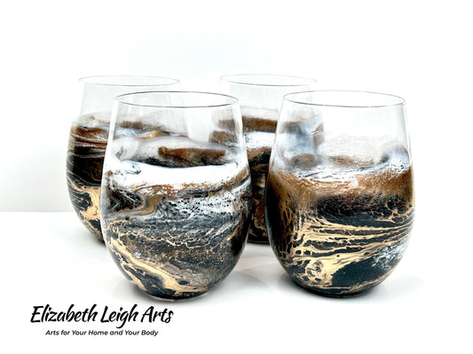 Black, White and Gold Waves Resin Art Stemless Wine Glass Set of Two Customize 20 Ounce