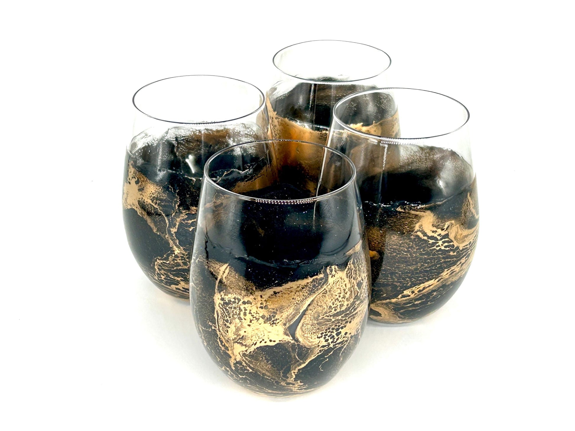 Black and Gold Waves Resin Art Stemless Wine Glass Set of Two Customize 20 Ounce