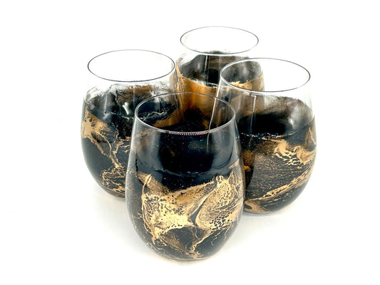 Black and Gold Waves Resin Art Stemless Wine Glass Set of Two Customize 20 Ounce