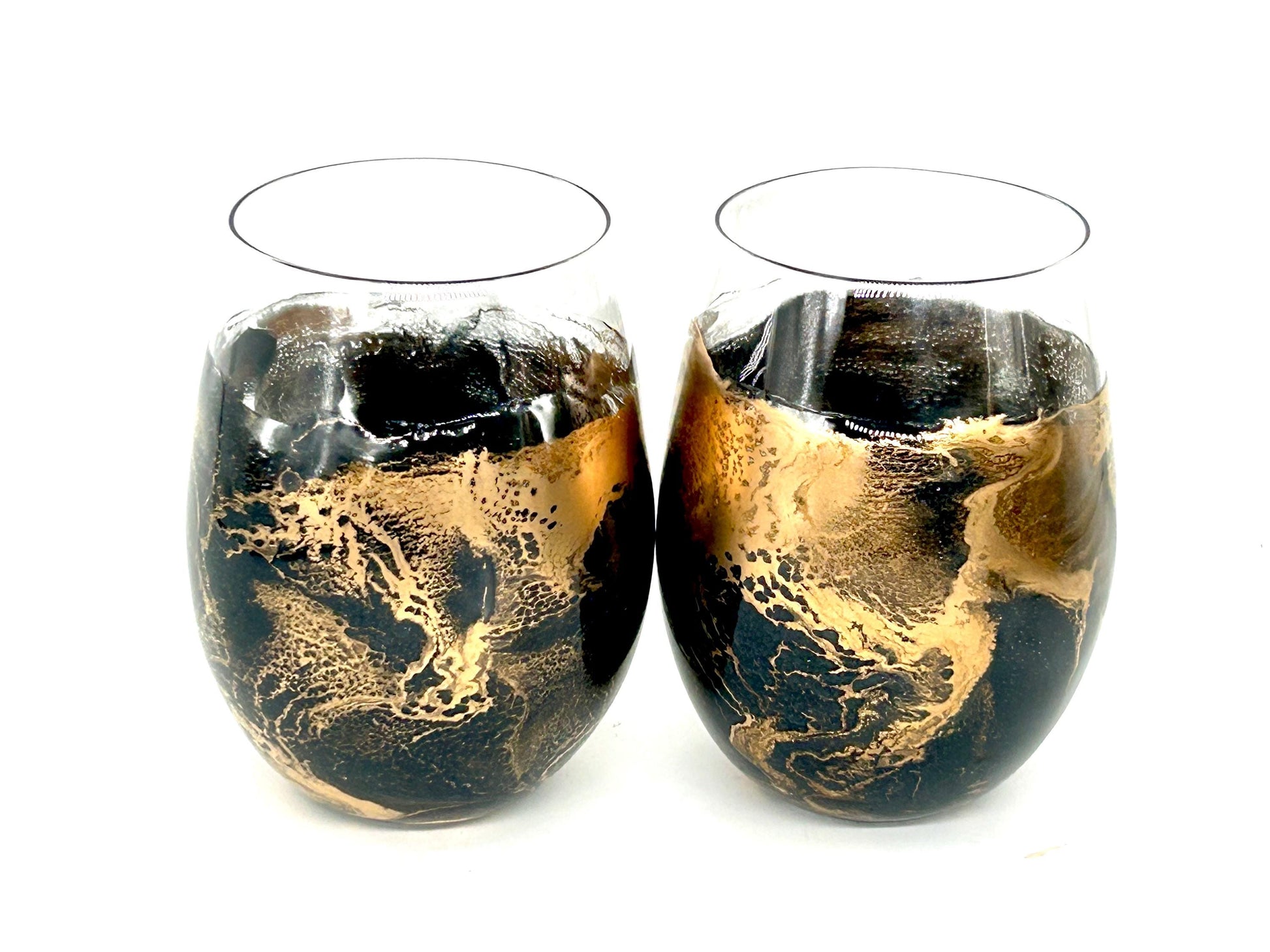 Black and Gold Waves Resin Art Stemless Wine Glass Set of Two Customize 20 Ounce