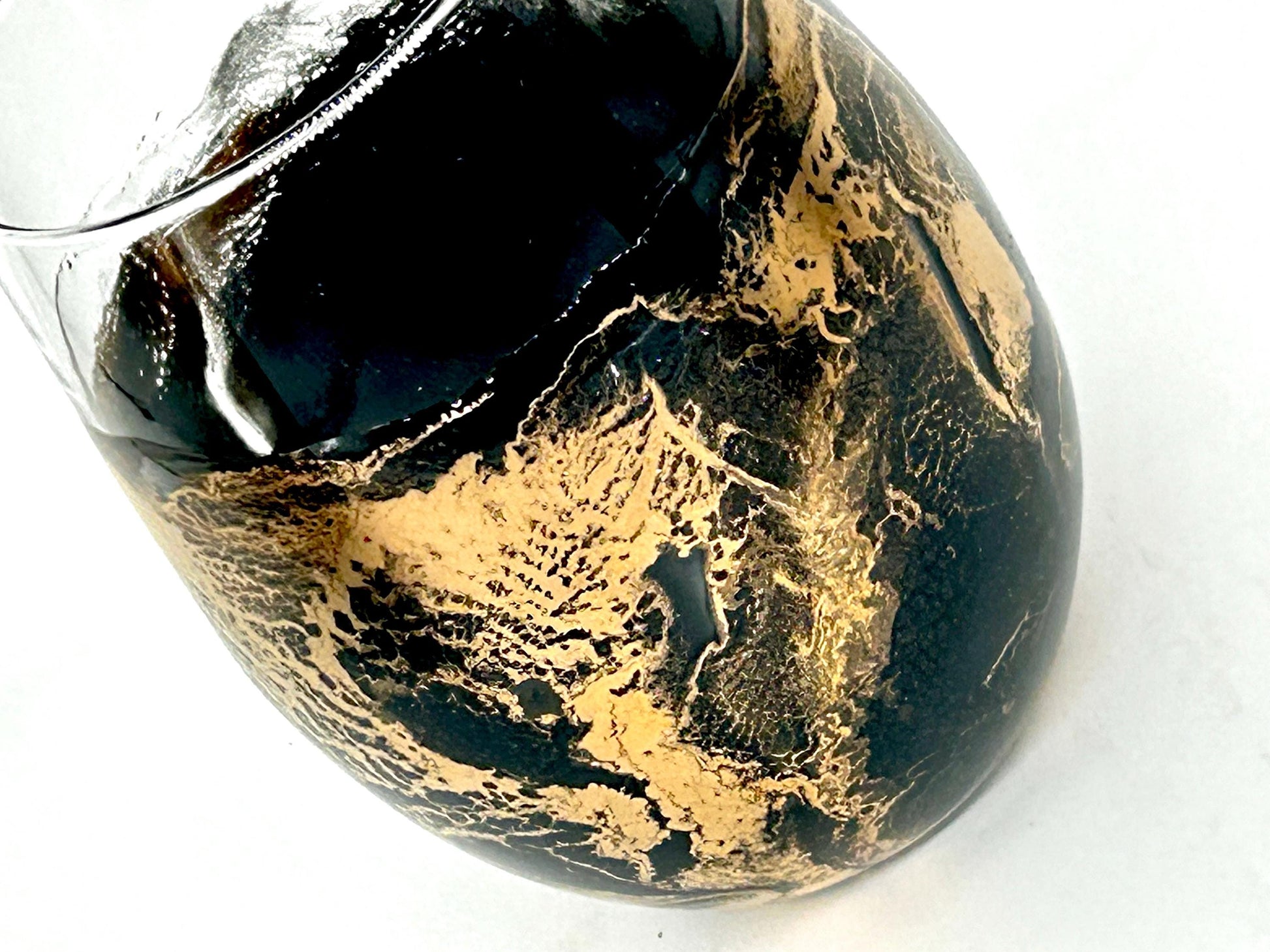 Black and Gold Waves Resin Art Stemless Wine Glass Set of Two Customize 20 Ounce