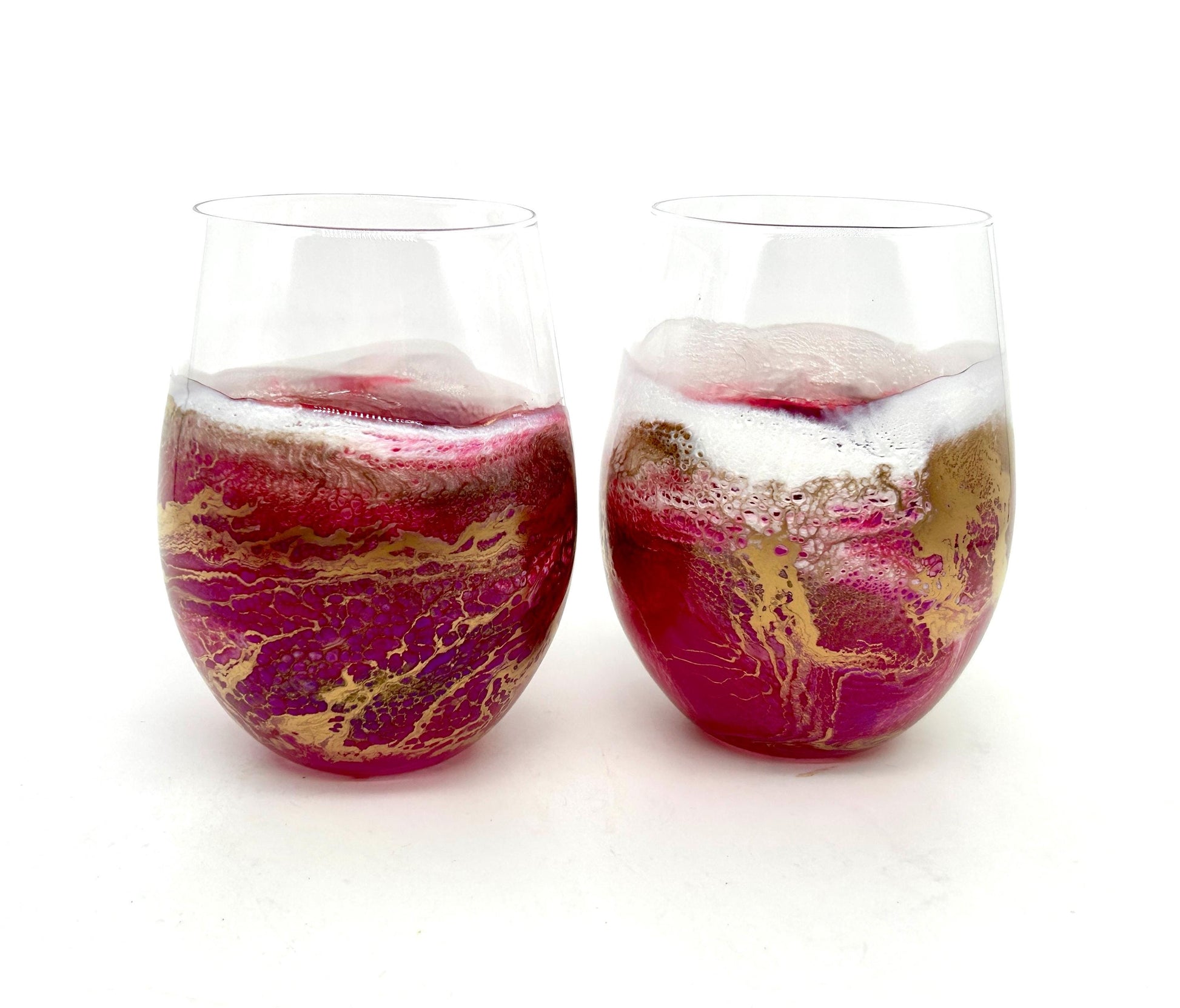 Magenta Pink and Gold Waves Stemless Wine Glass Set of Two Customize 18 Ounce