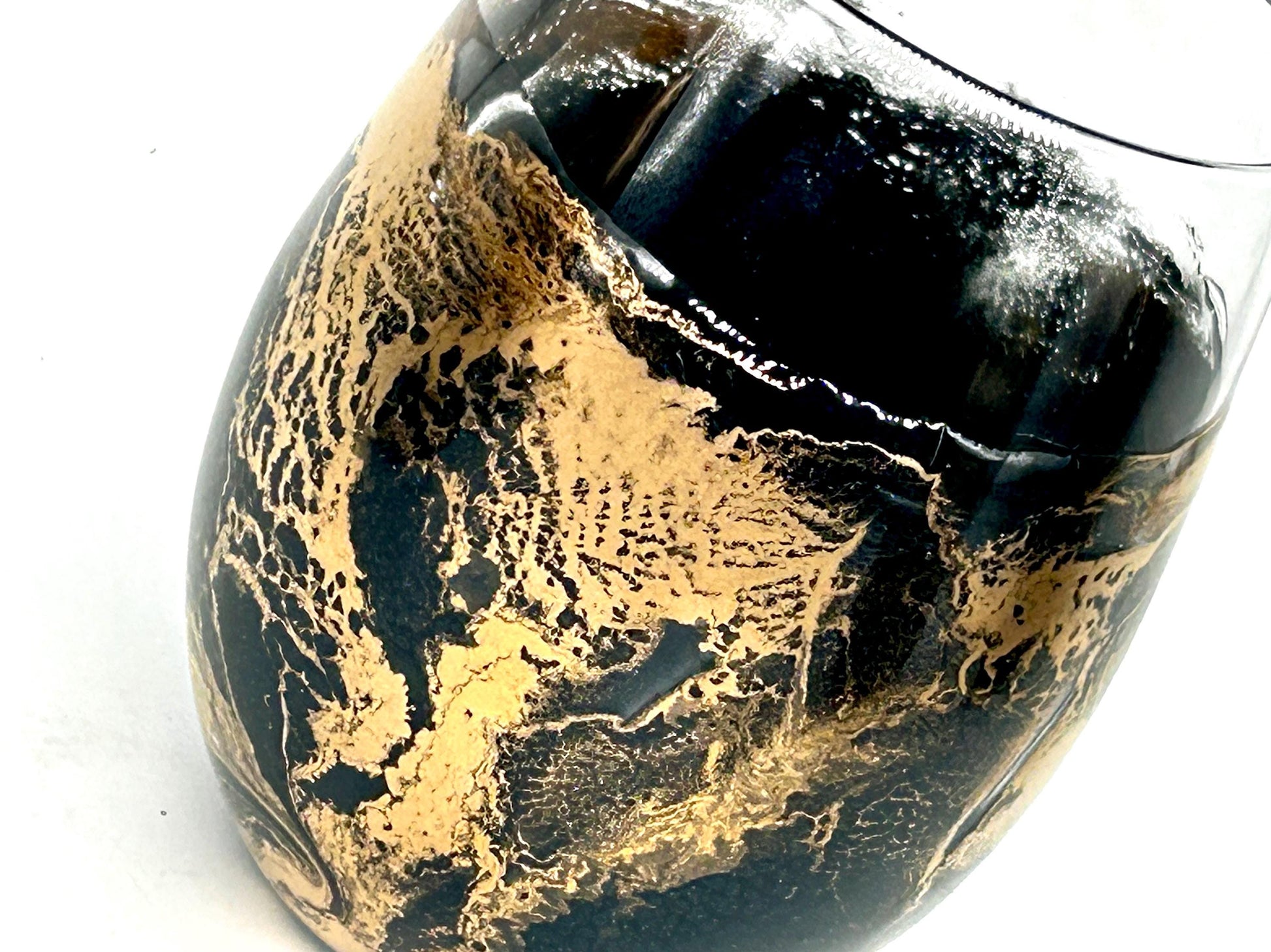 Black and Gold Waves Resin Art Stemless Wine Glass Set of Two Customize 20 Ounce
