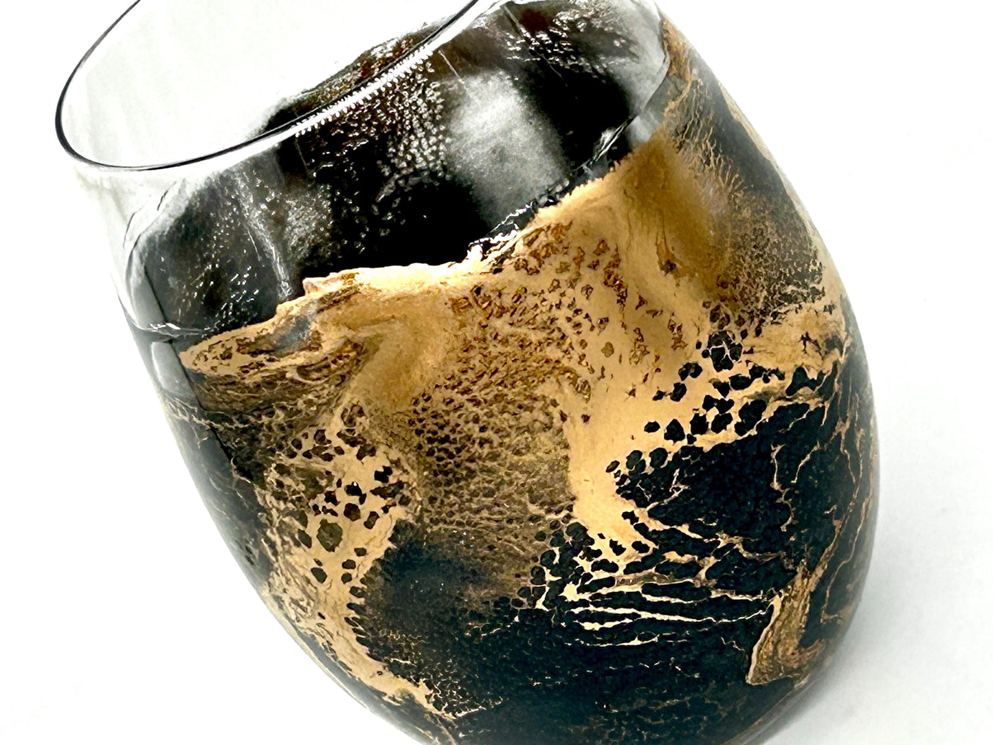 Black and Gold Waves Resin Art Stemless Wine Glass Set of Two Customize 20 Ounce