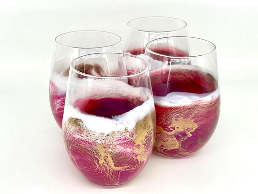 Magenta Pink and Gold Waves Resin Art Stemless Wine Glass Set of Two Customize 20 Ounce