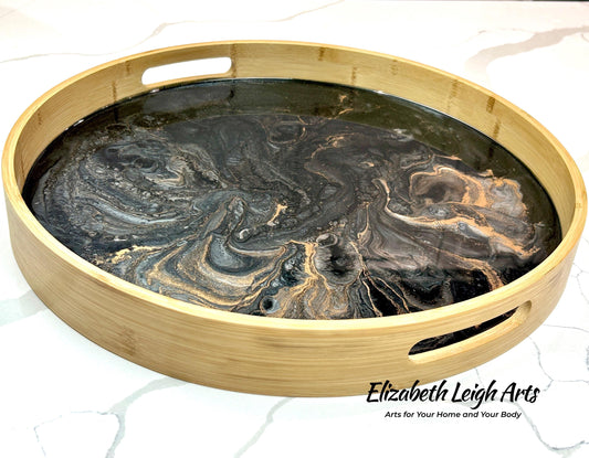 Black White Gold Bamboo Serving Tray 15"