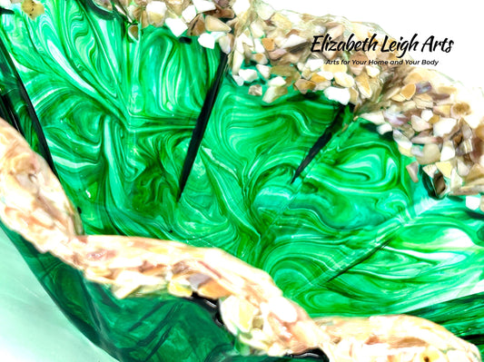 Ocean Green Swirled Resin and Crushed Shell Decorative Bowl Best Seller