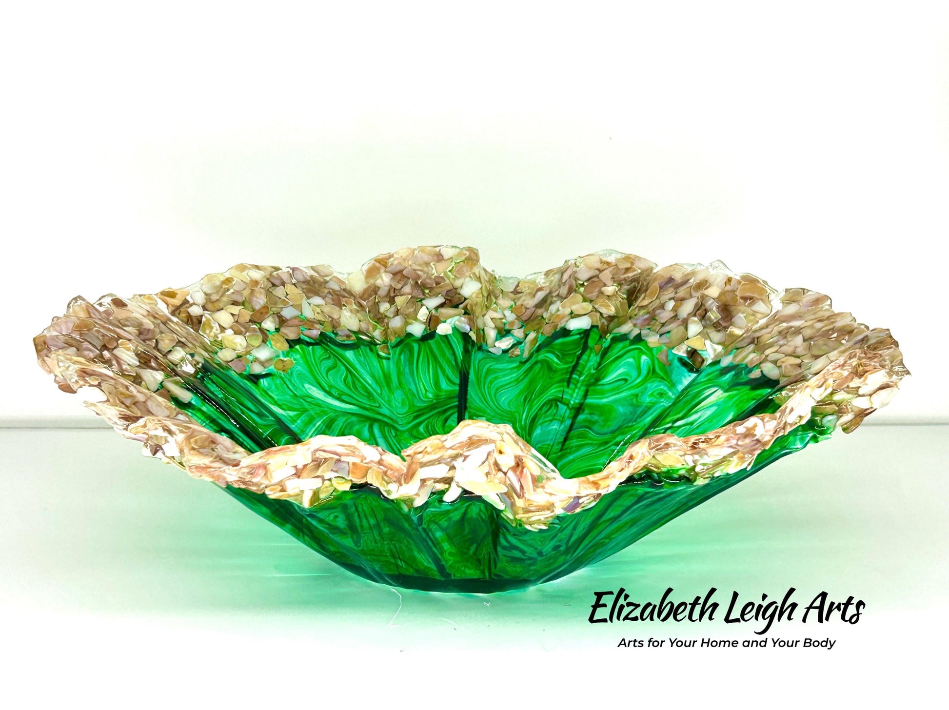 Ocean Green Swirled Resin and Crushed Shell Decorative Bowl Best Seller
