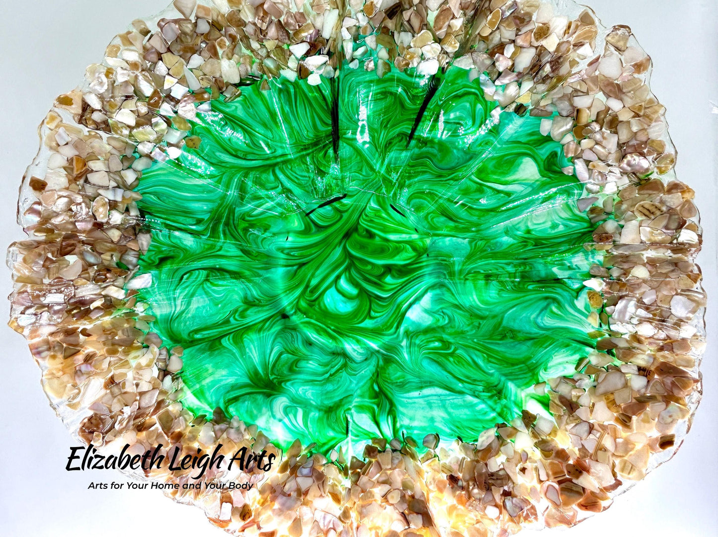 Ocean Green Swirled Resin and Crushed Shell Decorative Bowl Best Seller