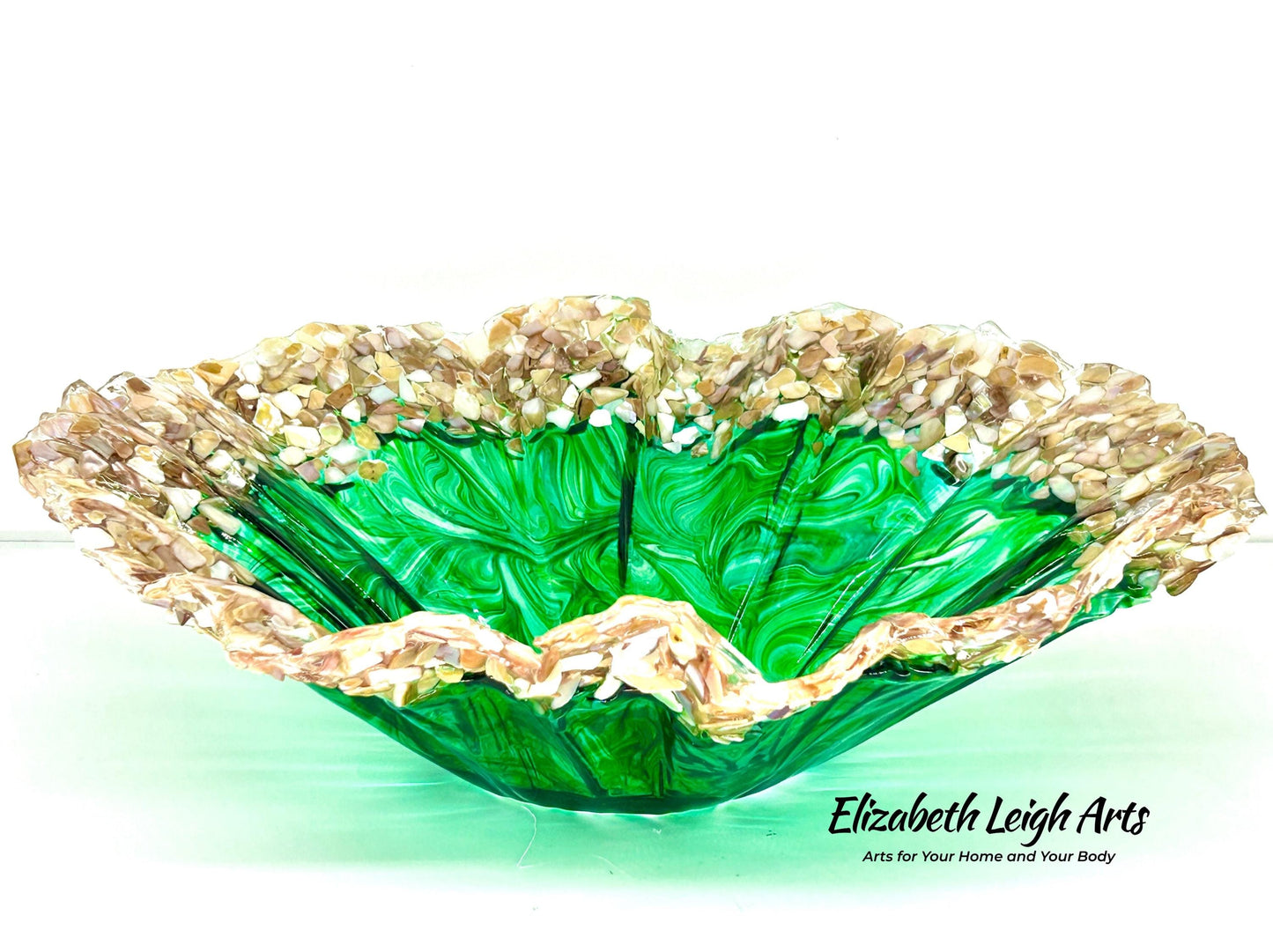 Ocean Green Swirled Resin and Crushed Shell Decorative Bowl Best Seller
