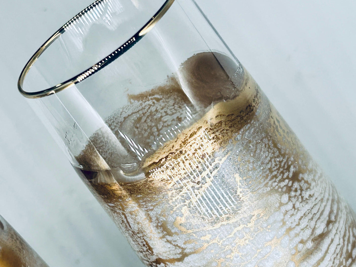 White Shimmer and Gold Wave Resin Art Stemless Champagne Glass Set of Two Customize 9.5 Ounce