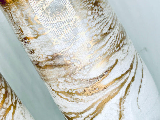 White Shimmer and Gold Wave Resin Art Stemless Champagne Glass Set of Two Customize 9.5 Ounce