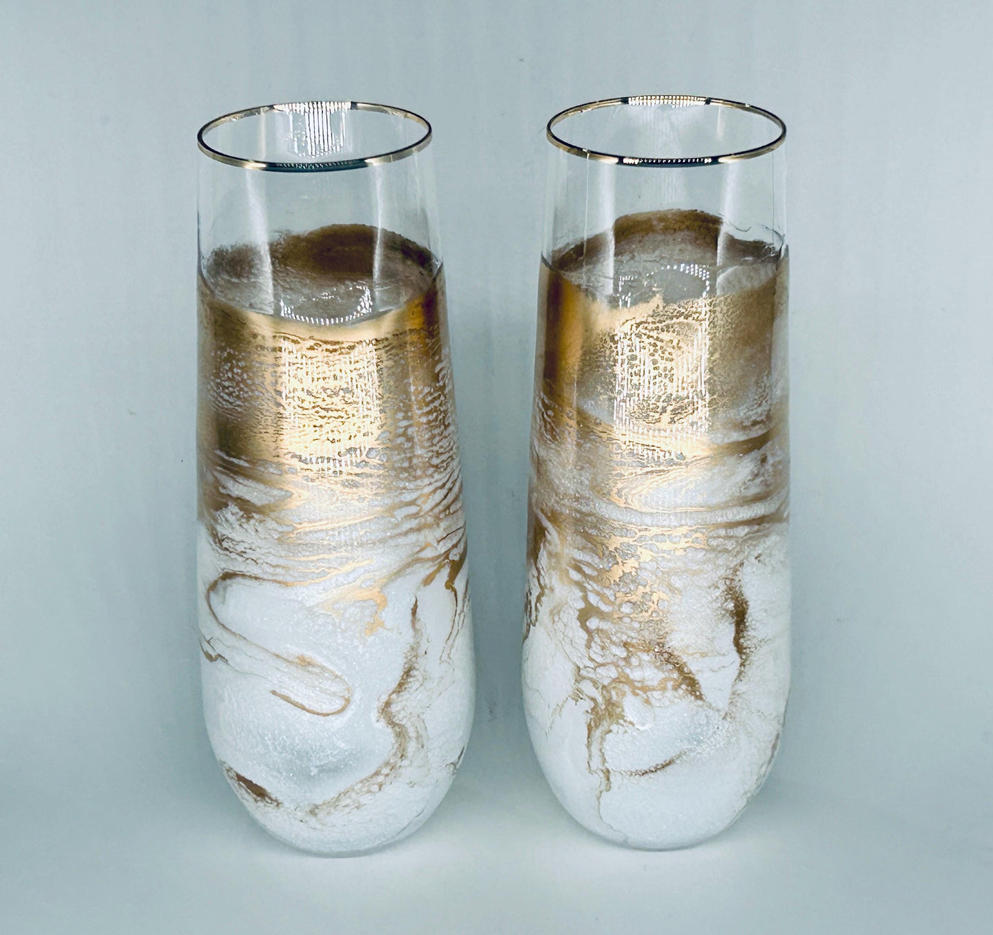 White Shimmer and Gold Wave Resin Art Stemless Champagne Glass Set of Two Customize 9.5 Ounce