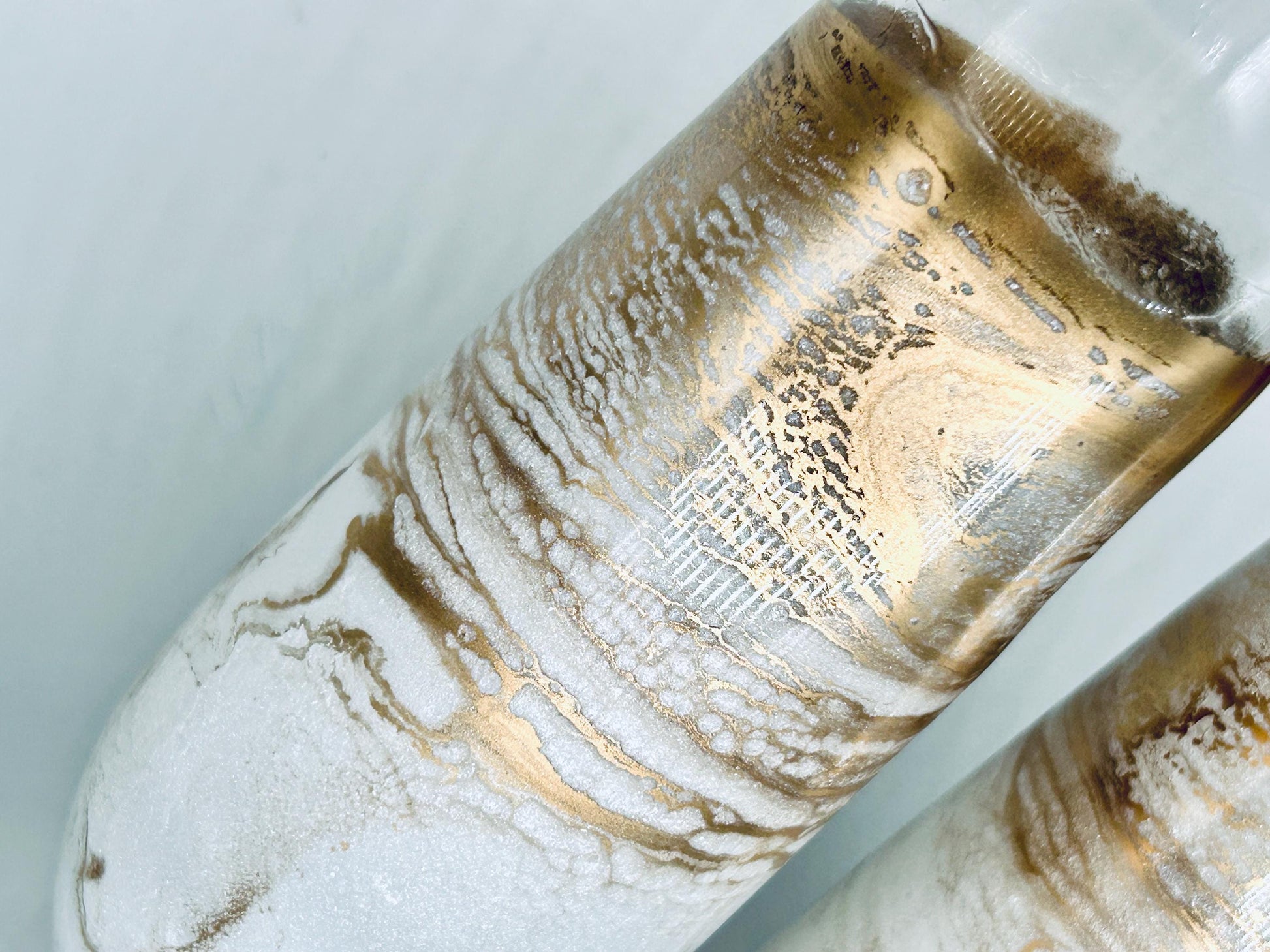 White Shimmer and Gold Wave Resin Art Stemless Champagne Glass Set of Two Customize 9.5 Ounce