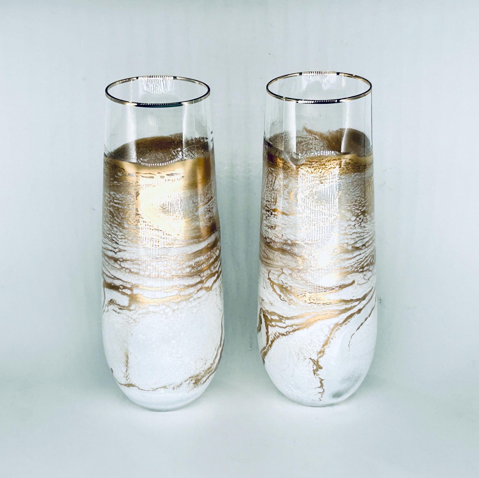 White Shimmer and Gold Wave Resin Art Stemless Champagne Glass Set of Two Customize 9.5 Ounce