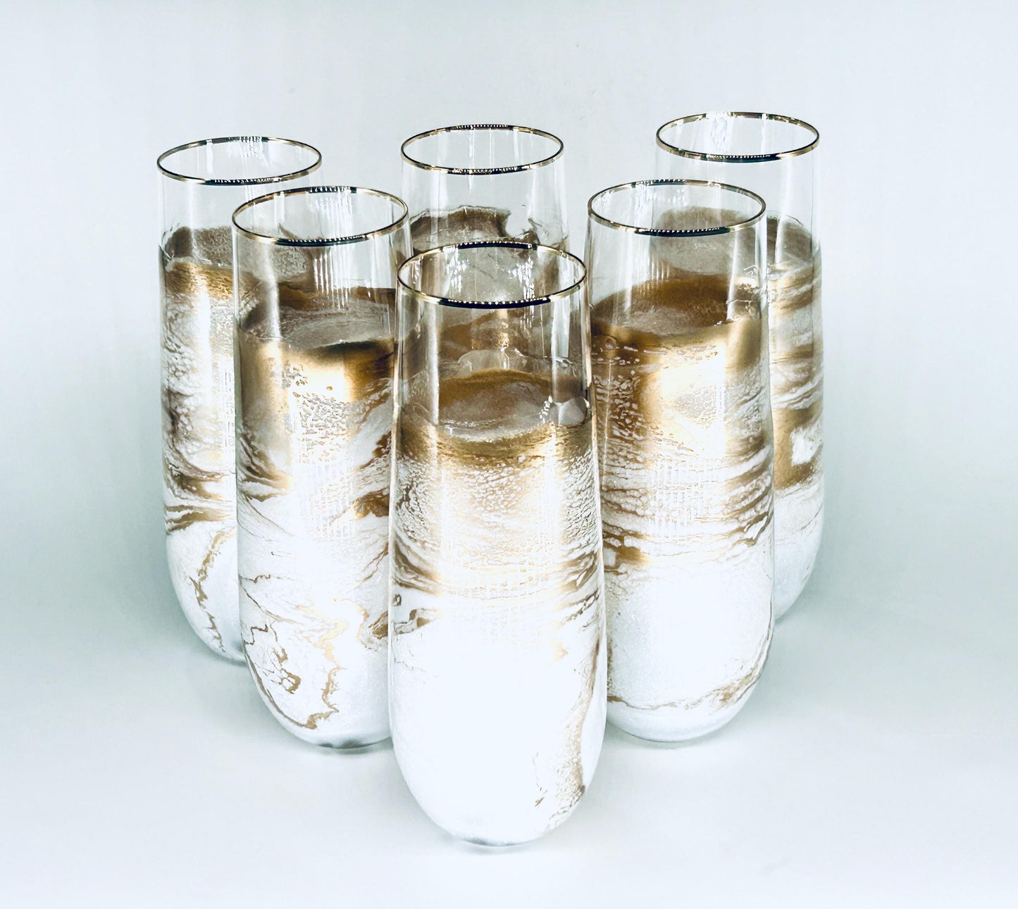 White Shimmer and Gold Wave Resin Art Stemless Champagne Glass Set of Two Customize 9.5 Ounce
