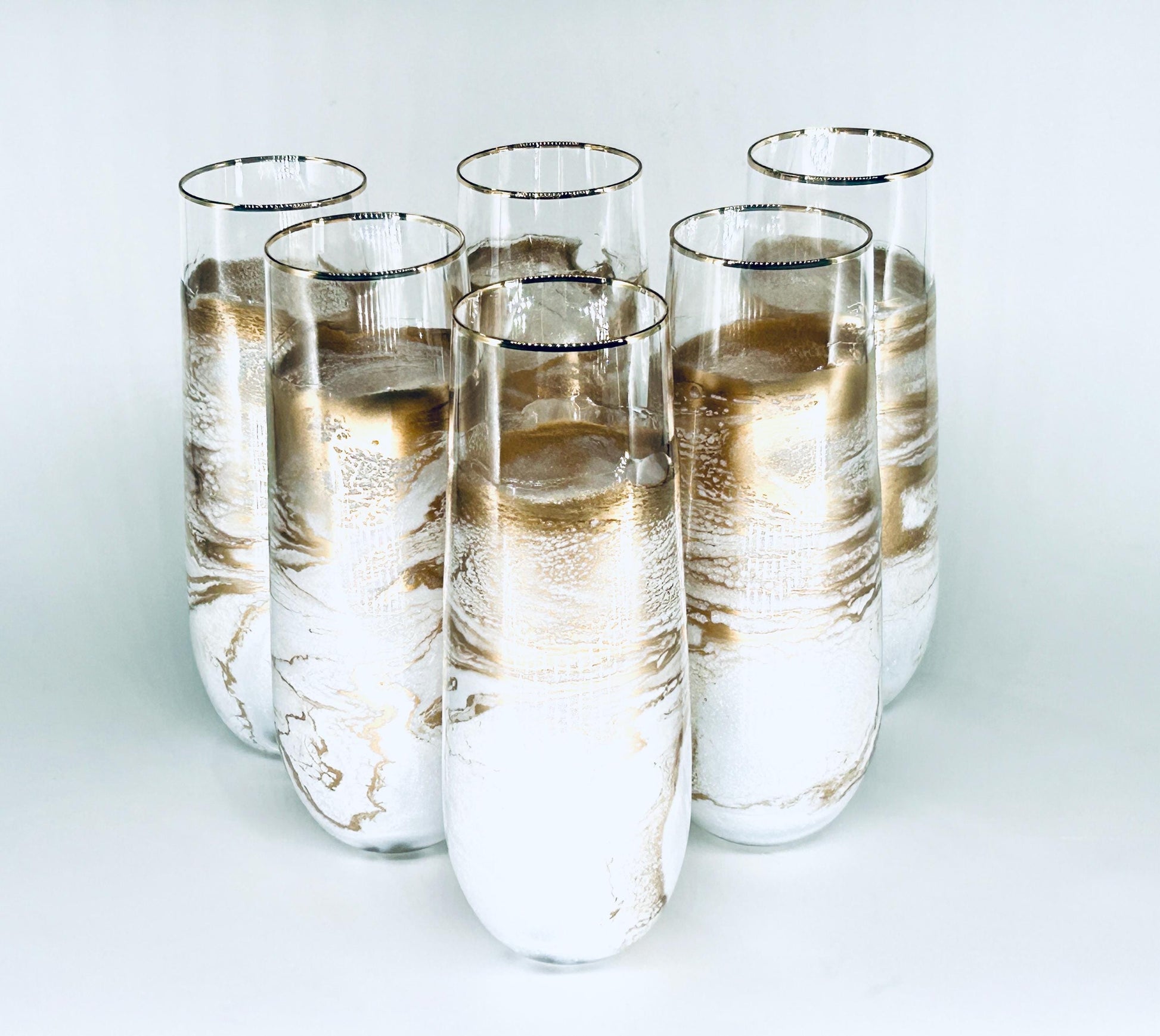 White Shimmer and Gold Wave Resin Art Stemless Champagne Glass Set of Two Customize 9.5 Ounce