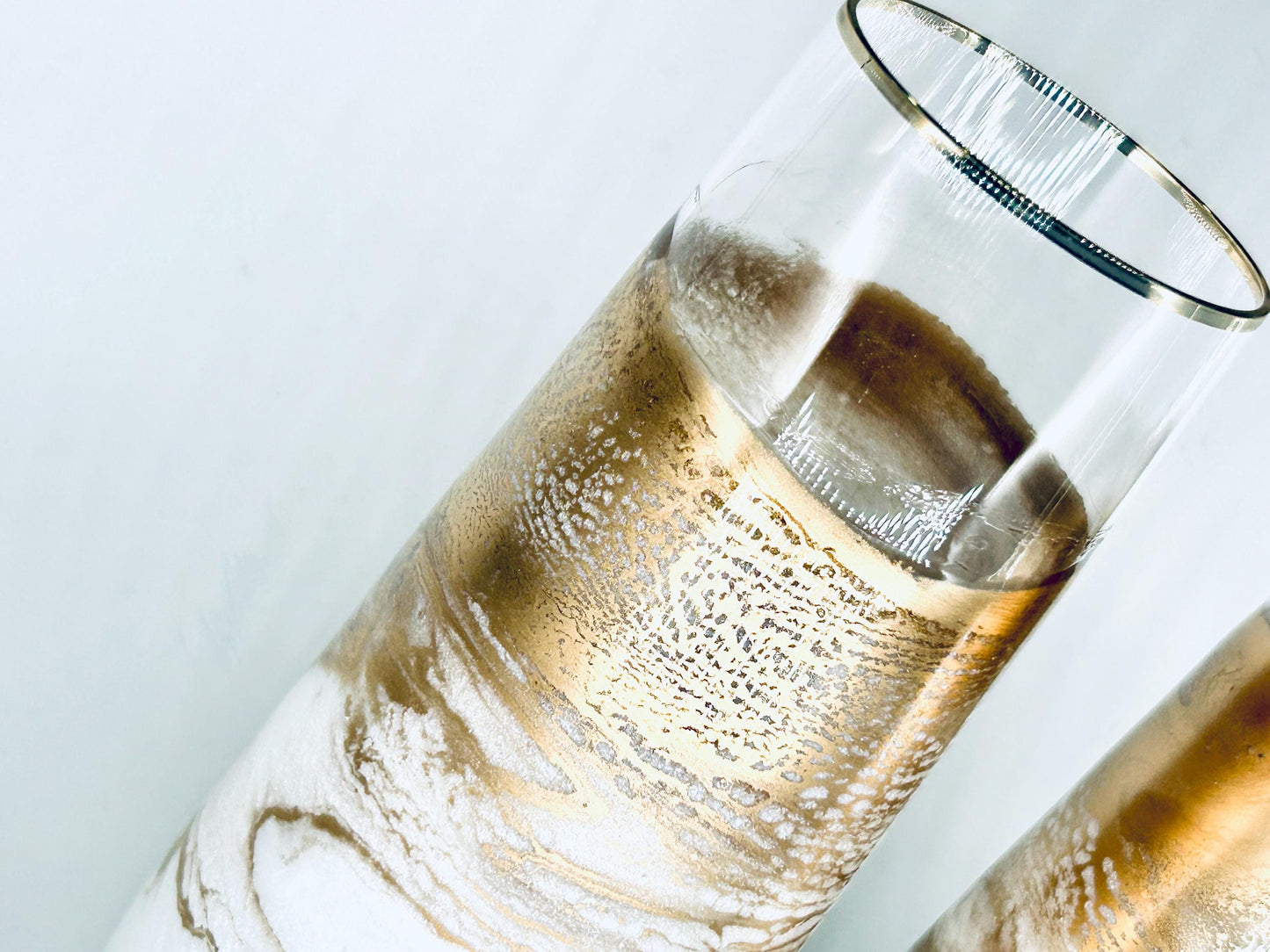 White Shimmer and Gold Wave Resin Art Stemless Champagne Glass Set of Two Customize 9.5 Ounce