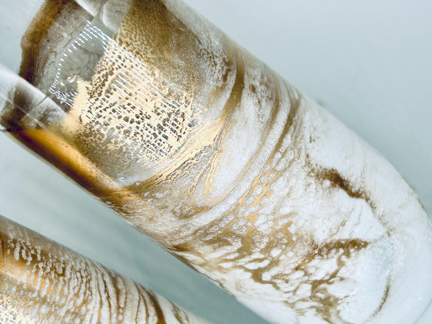 White Shimmer and Gold Wave Resin Art Stemless Champagne Glass Set of Two Customize 9.5 Ounce