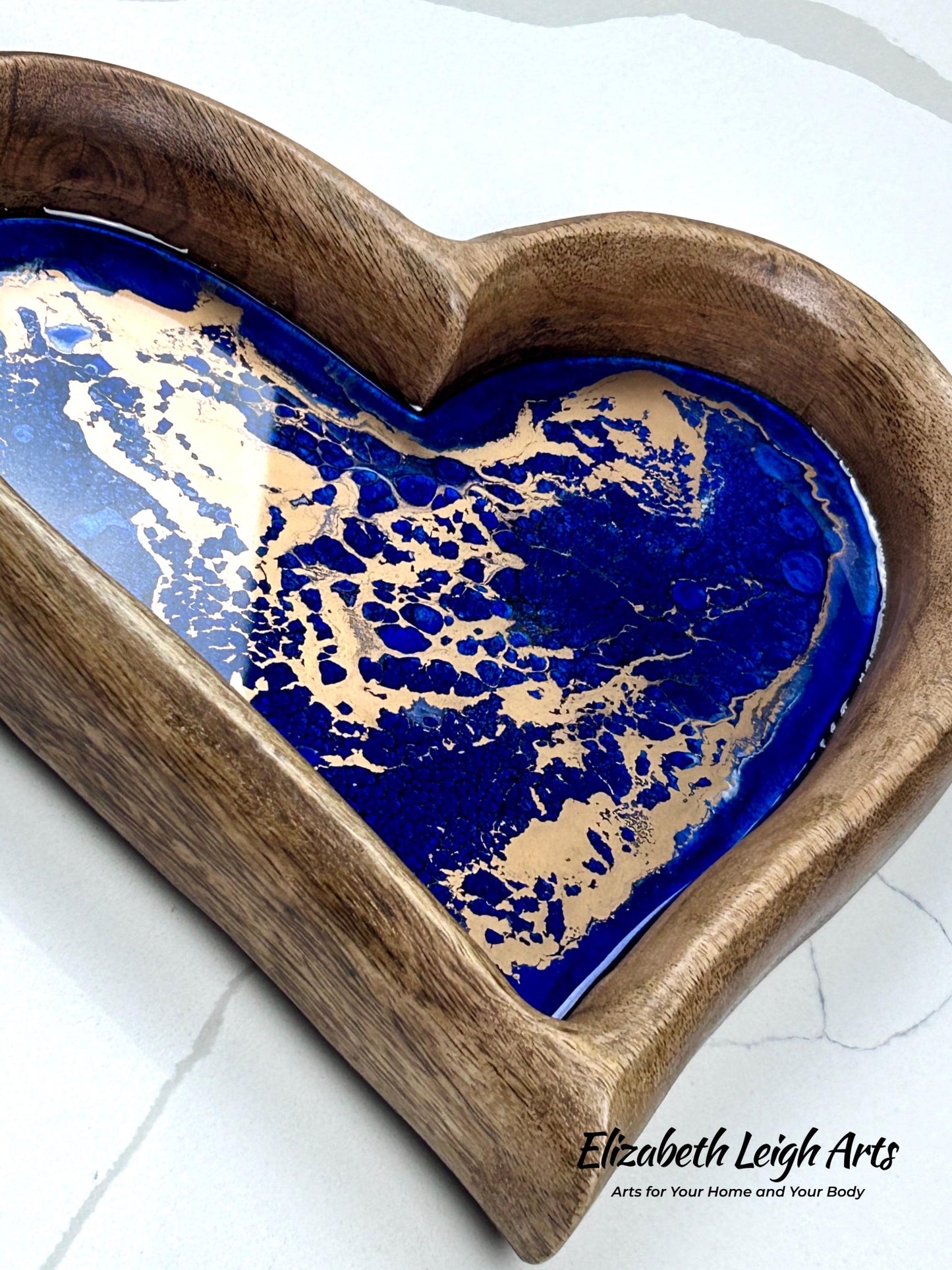 Blue Gold Resin Heart Tray | Coastal Home Decor | Handmade Resin Art Tray