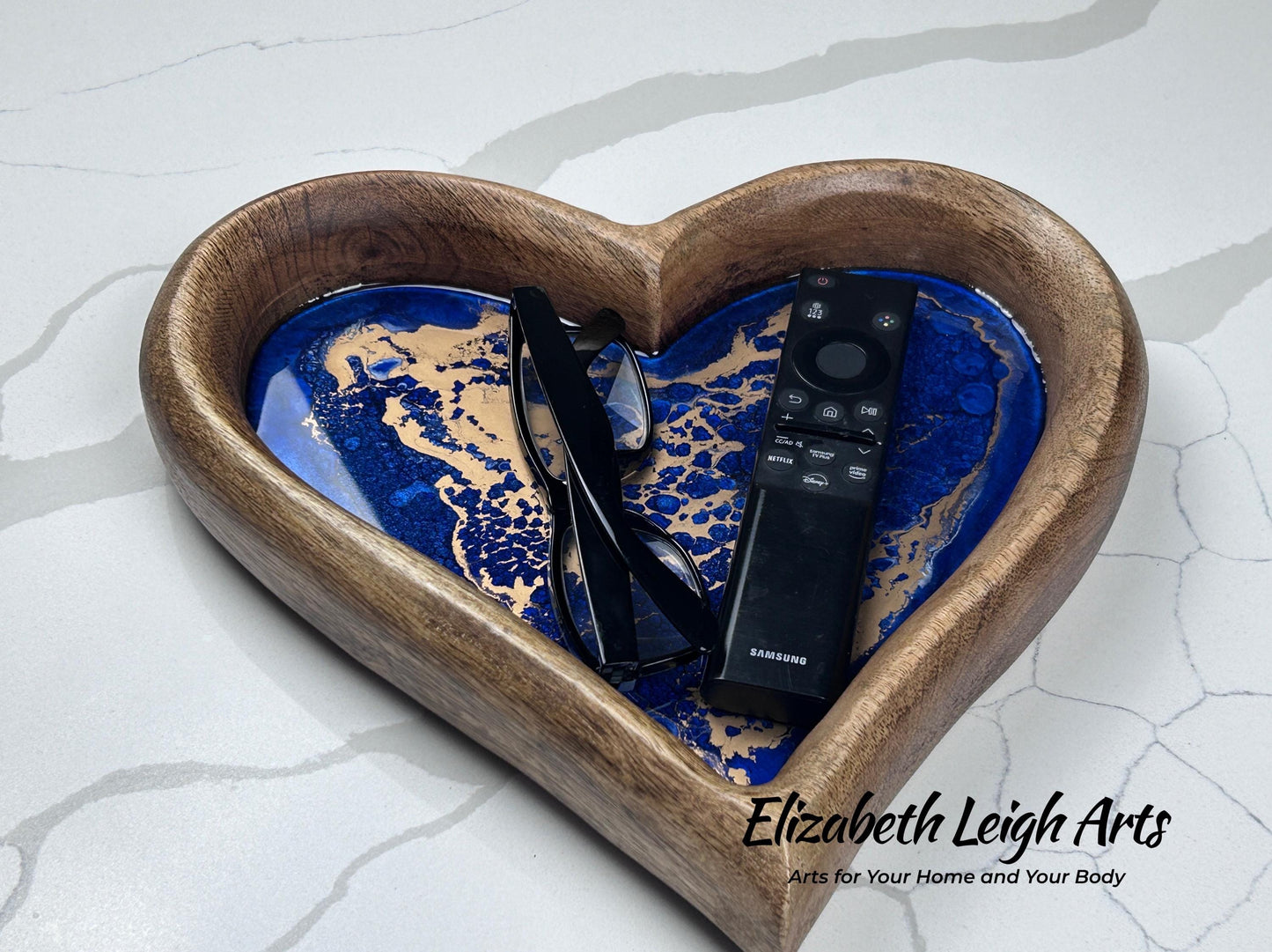 Blue Gold Resin Heart Tray | Coastal Home Decor | Handmade Resin Art Tray