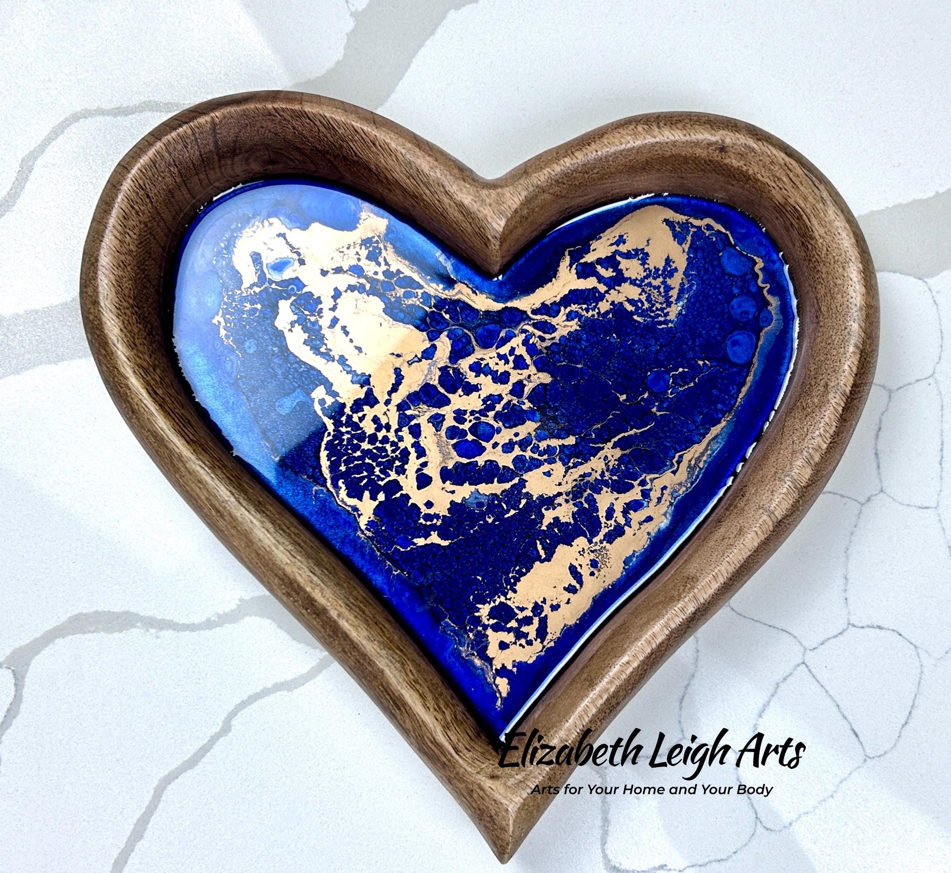 Blue Gold Resin Heart Tray | Coastal Home Decor | Handmade Resin Art Tray