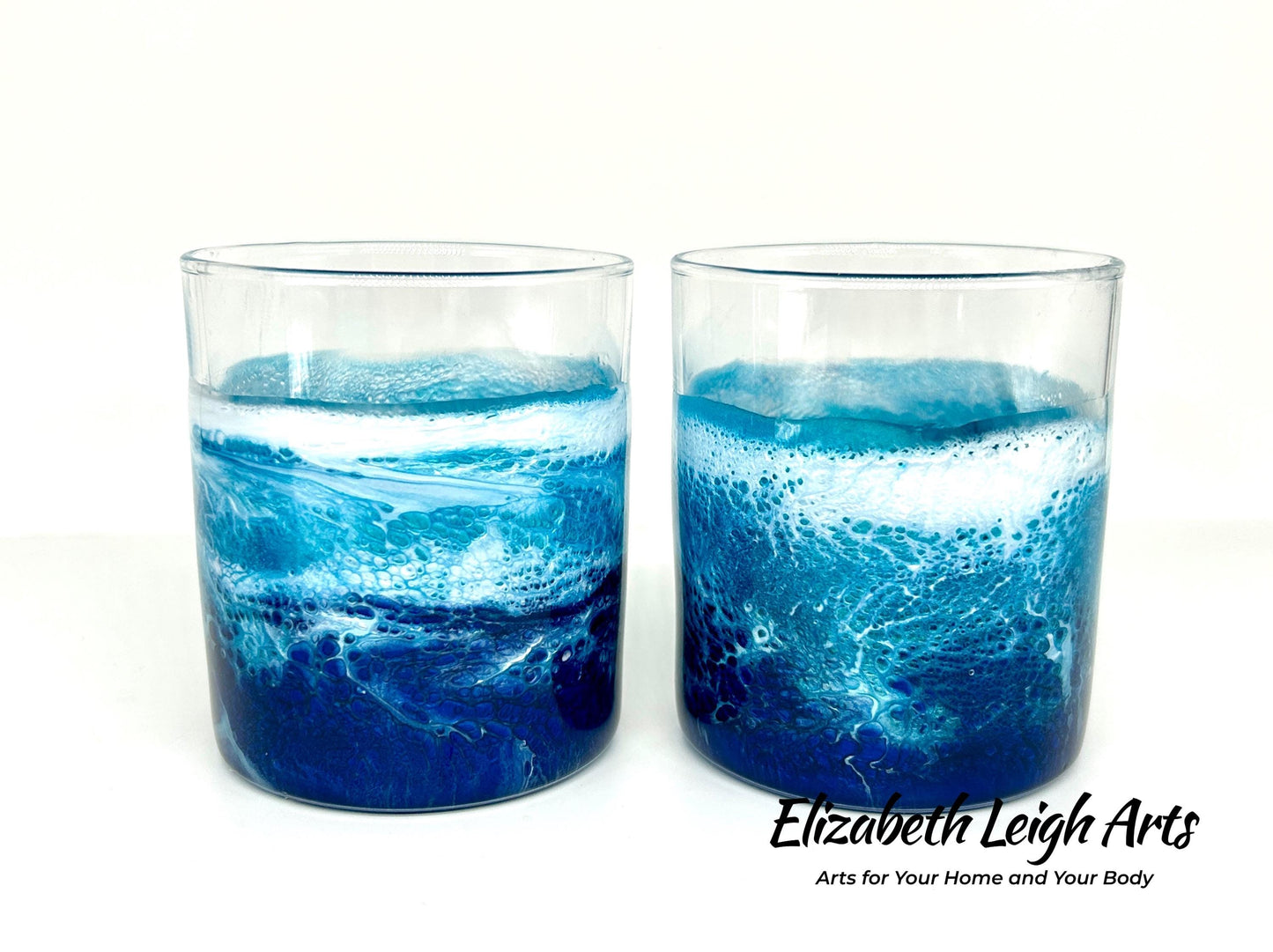 Ocean Waves Blue and Turquoise Resin Art Whiskey Glasses Set of Two 11.5 oz