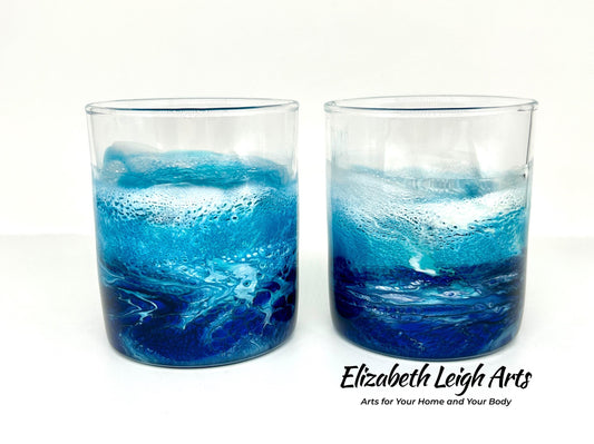 Ocean Waves Blue and Turquoise Resin Art Whiskey Glasses Set of Two 11.5 oz