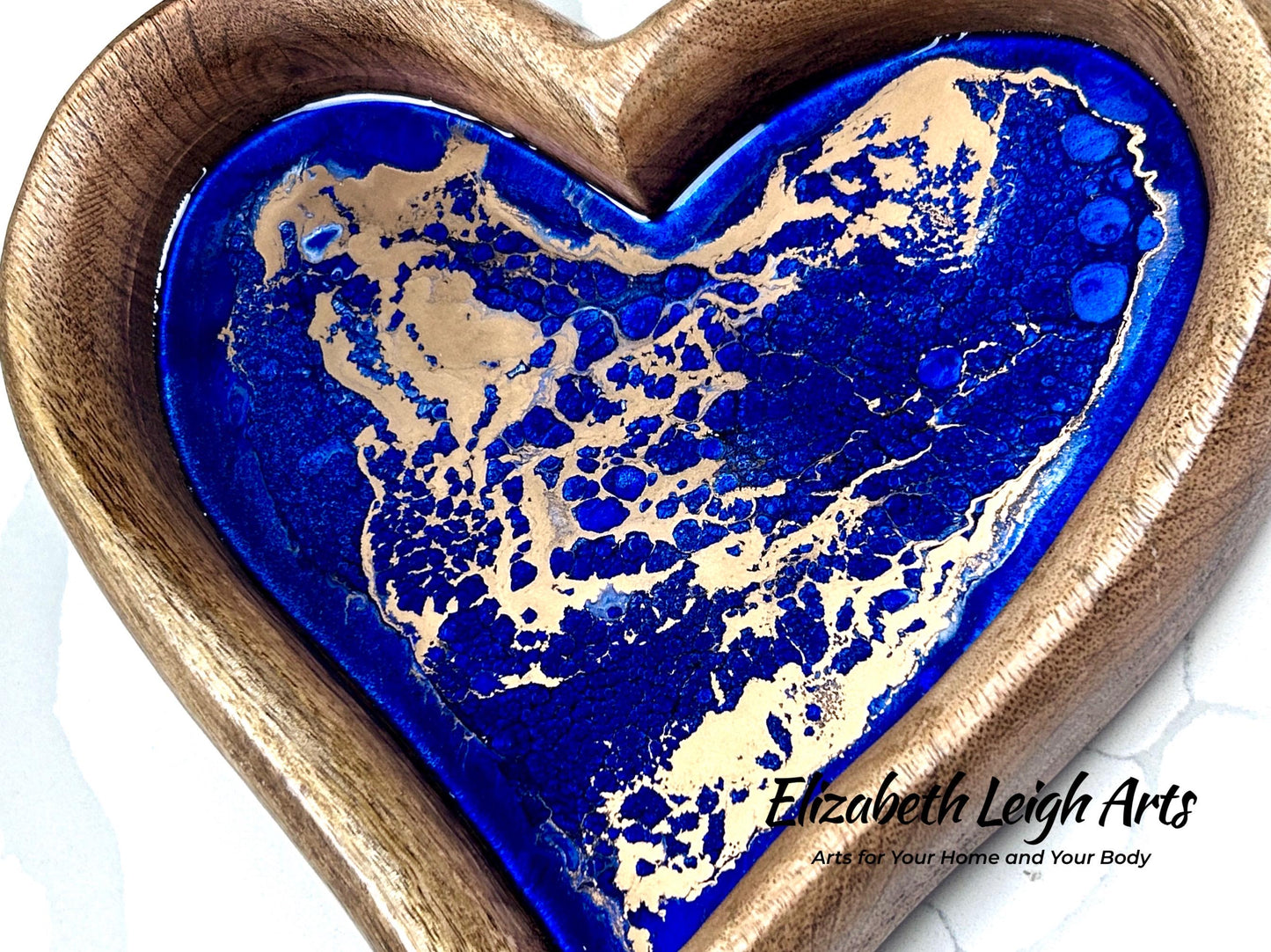 Blue Gold Resin Heart Tray | Coastal Home Decor | Handmade Resin Art Tray