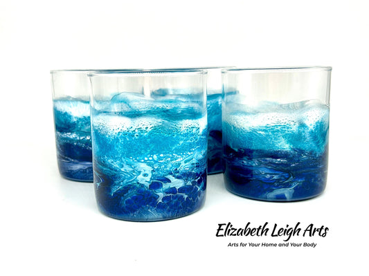 RESERVED Listing ELIZABETH Oceans Waves Teal Gold Resin Art Whiskey Glasses Set of Two 11.5 oz