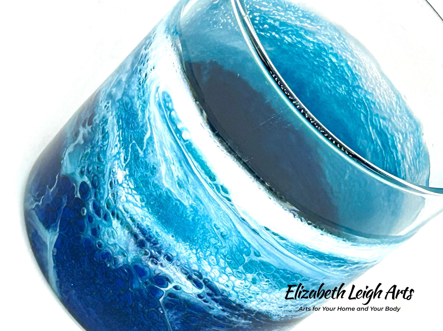 Ocean Waves Blue and Turquoise Resin Art Whiskey Glasses Set of Two 11.5 oz
