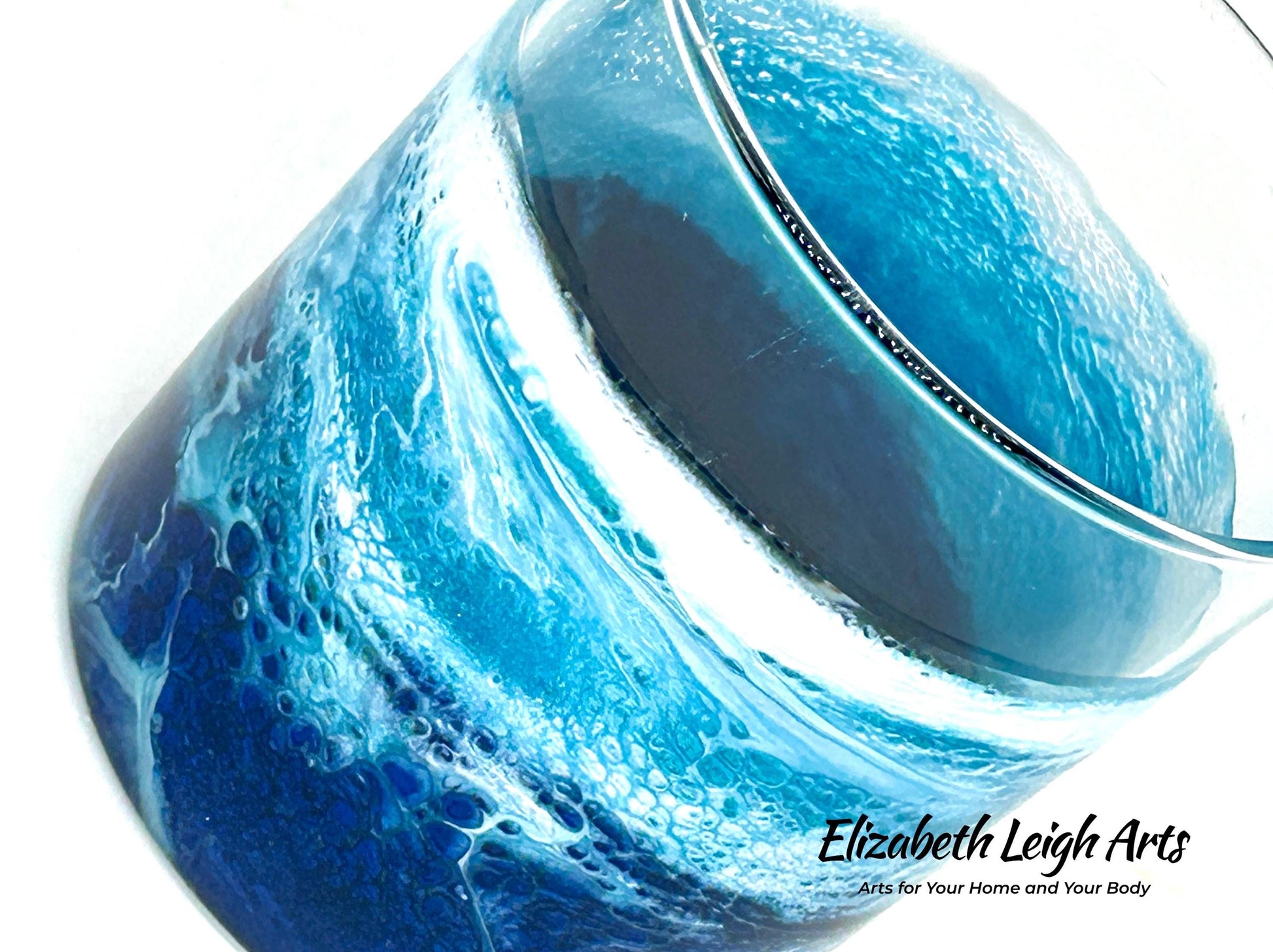 Ocean Waves Blue and Turquoise Resin Art Whiskey Glasses Set of Two 11.5 oz