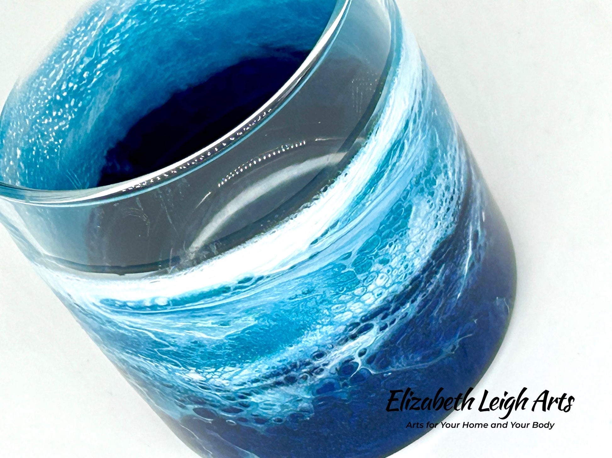 Ocean Waves Blue and Turquoise Resin Art Whiskey Glasses Set of Two 11.5 oz