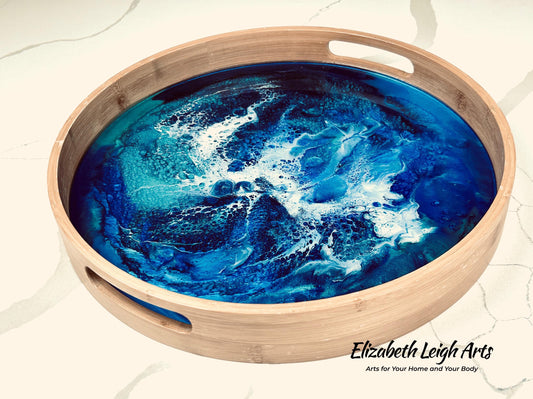 Ocean Blue, Turquoise and White Bamboo Tray 15"