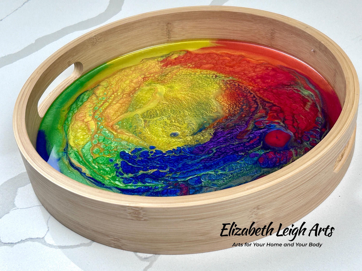 Rainbow Bamboo Serving Tray Resin 12 Inch