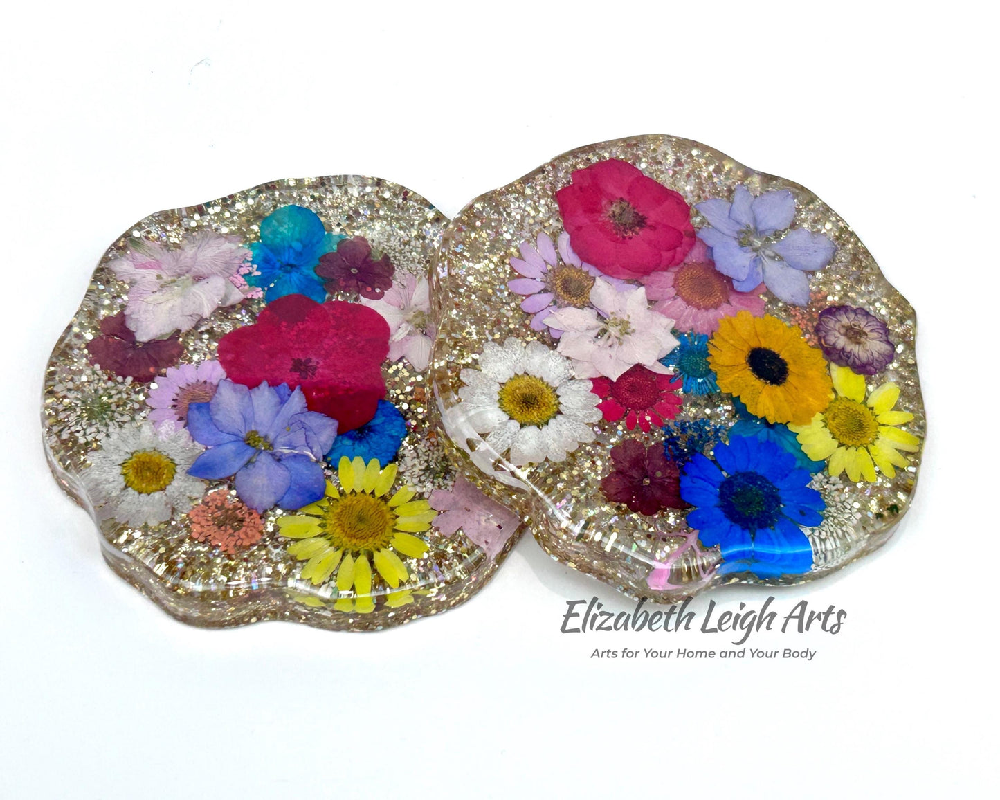 Pressed Flower Geode Resin Coasters Set of 2 Handmade Floral Coasters with Gold Glitter Botanical Home Decor Unique Gift Idea