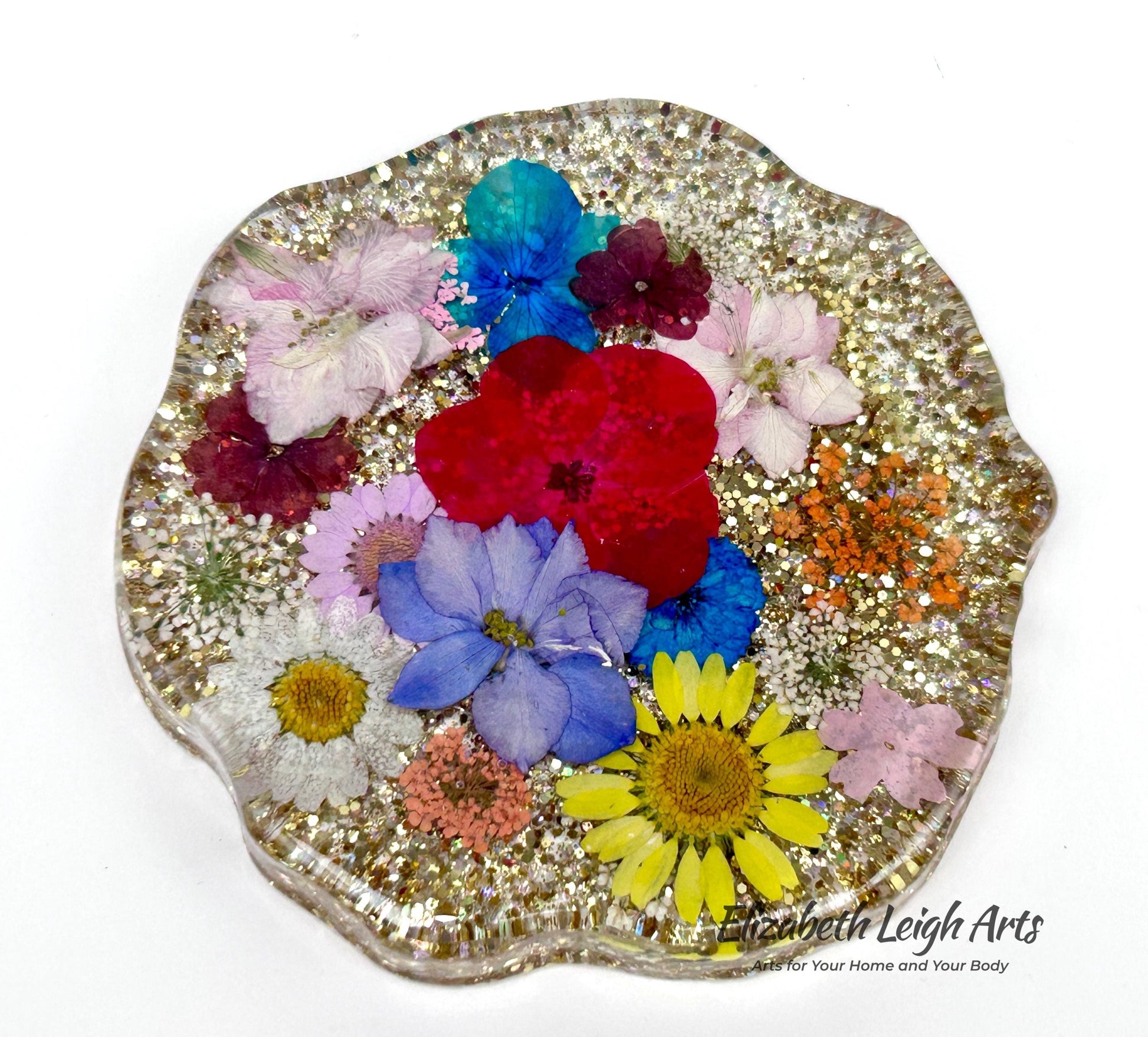 Pressed Flower Geode Resin Coasters Set of 2 Handmade Floral Coasters with Gold Glitter Botanical Home Decor Unique Gift Idea