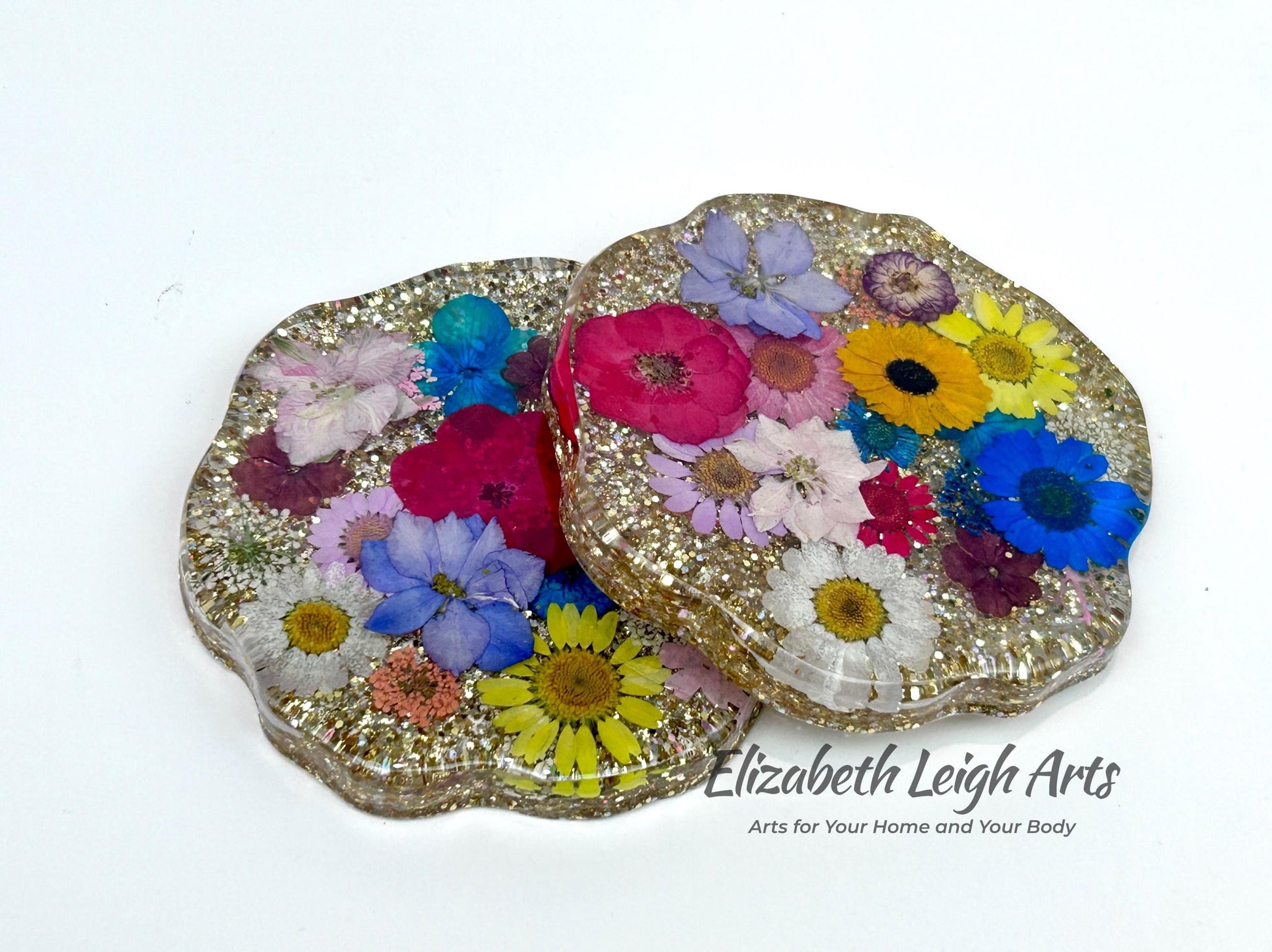 Pressed Flower Geode Resin Coasters Set of 2 Handmade Floral Coasters with Gold Glitter Botanical Home Decor Unique Gift Idea