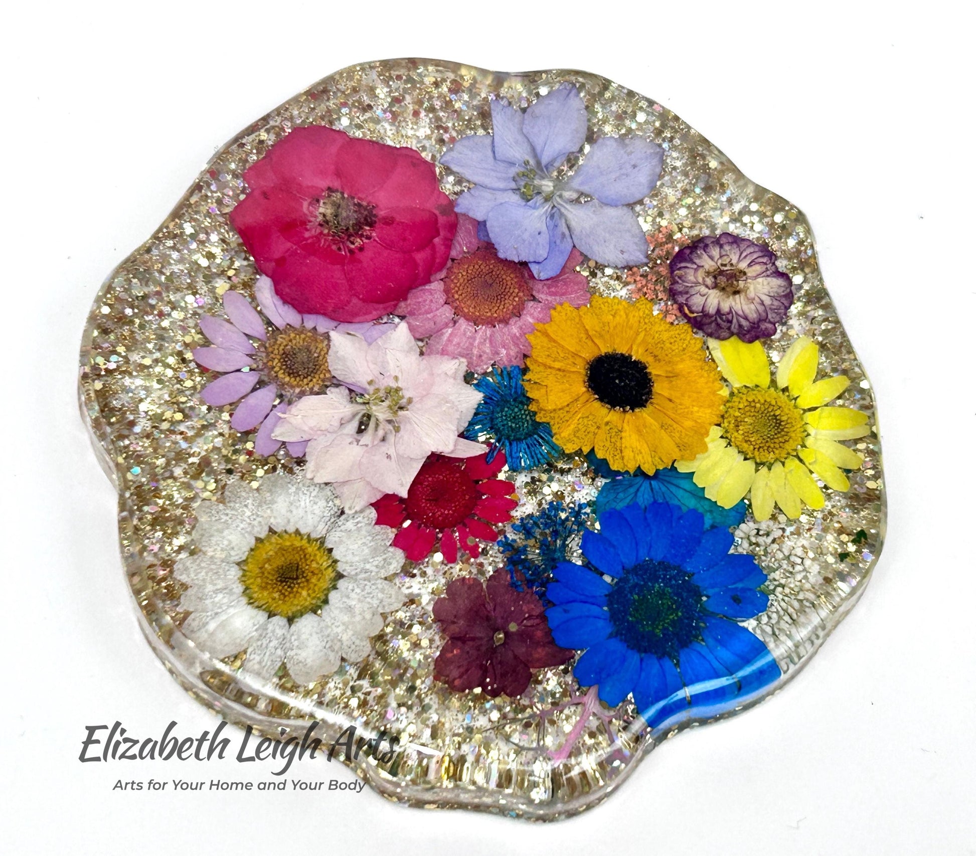 Pressed Flower Geode Resin Coasters Set of 2 Handmade Floral Coasters with Gold Glitter Botanical Home Decor Unique Gift Idea